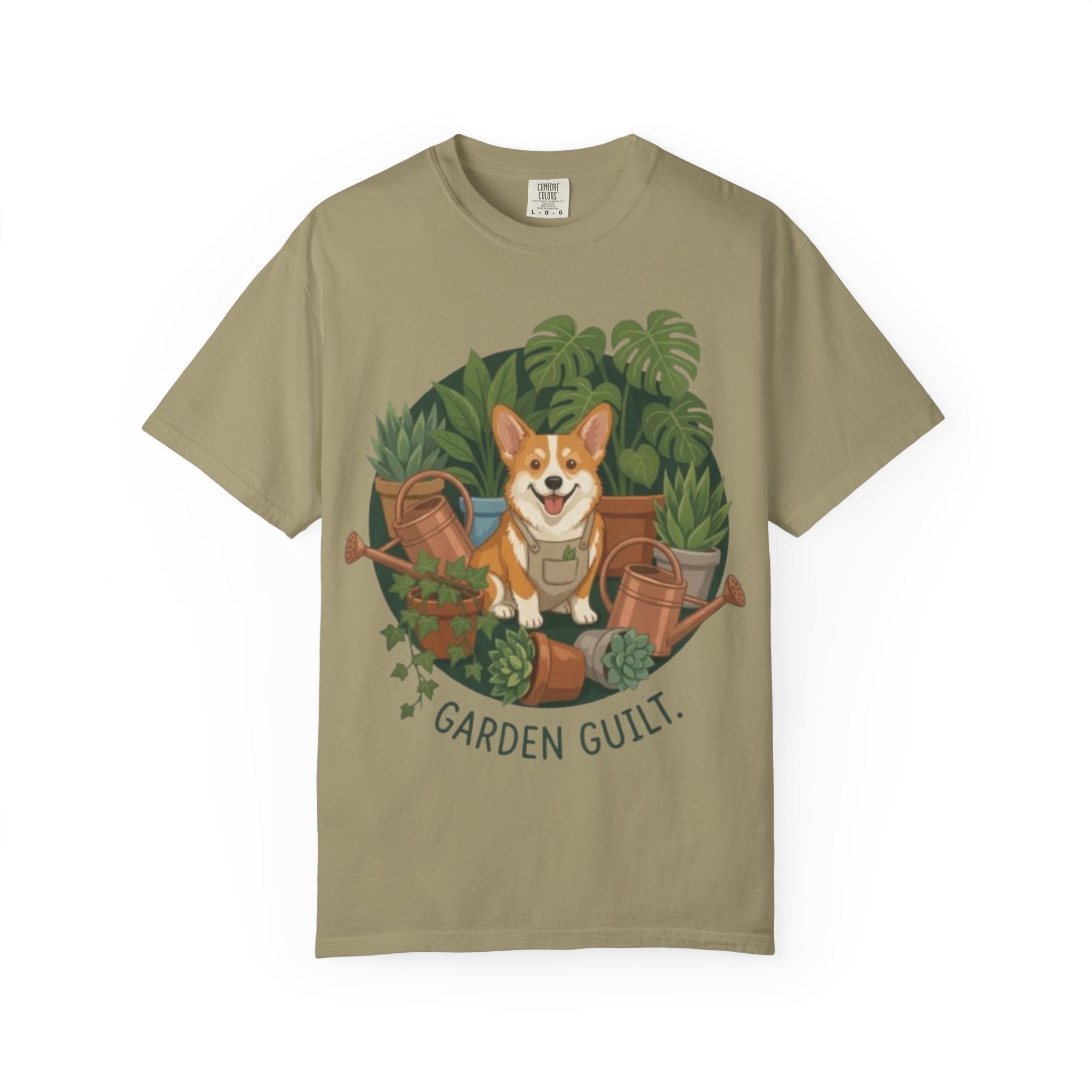 Corgi in Garden 'Garden Guilt' T-Shirt | Gardening Dog Illustration