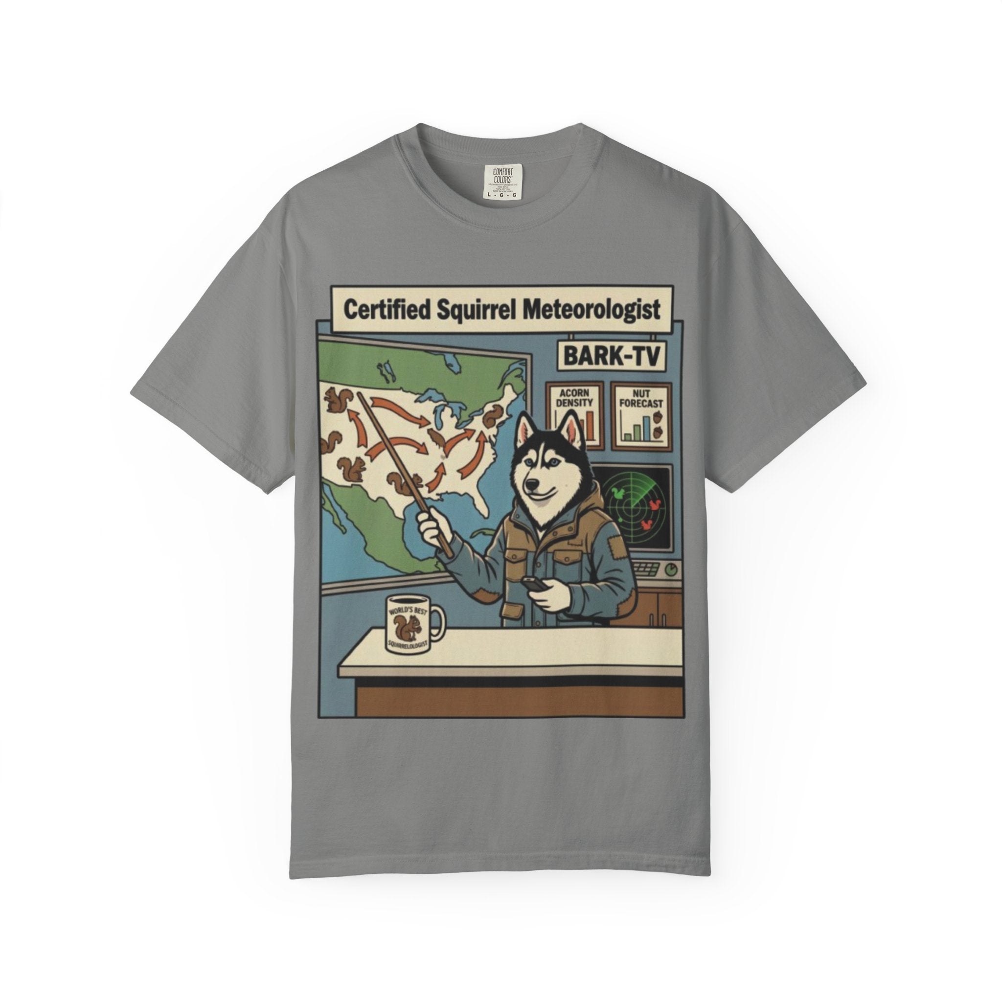 Certified Squirrel Meteorologist Husky TV T-shirt | Weather Desk Dog Illustration