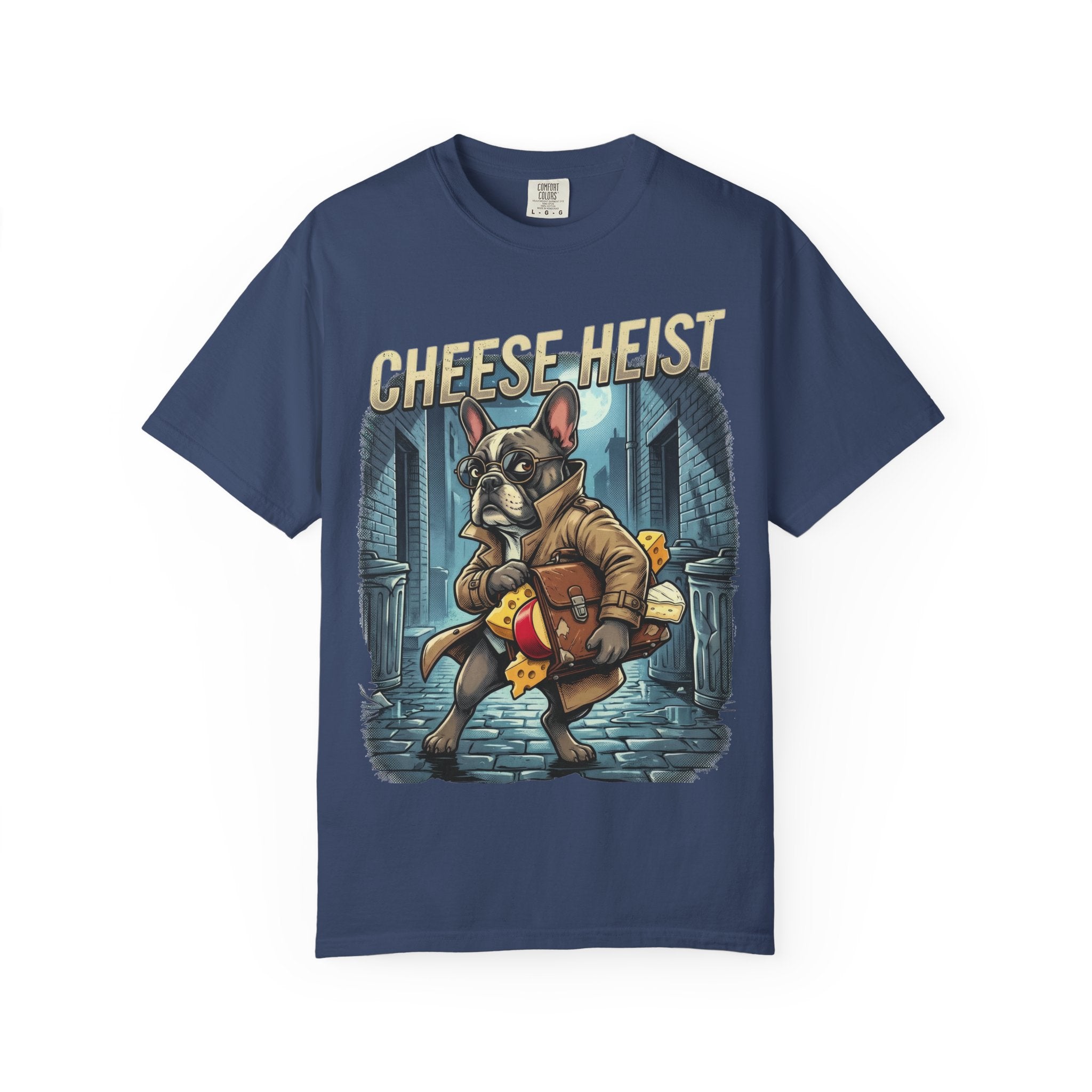 Cheese Heist French Bulldog Thief T-shirt | Cartoon Crime Scene Tee