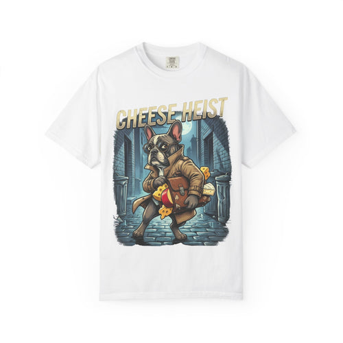Cheese Heist French Bulldog Thief T-shirt | Cartoon Crime Scene Tee