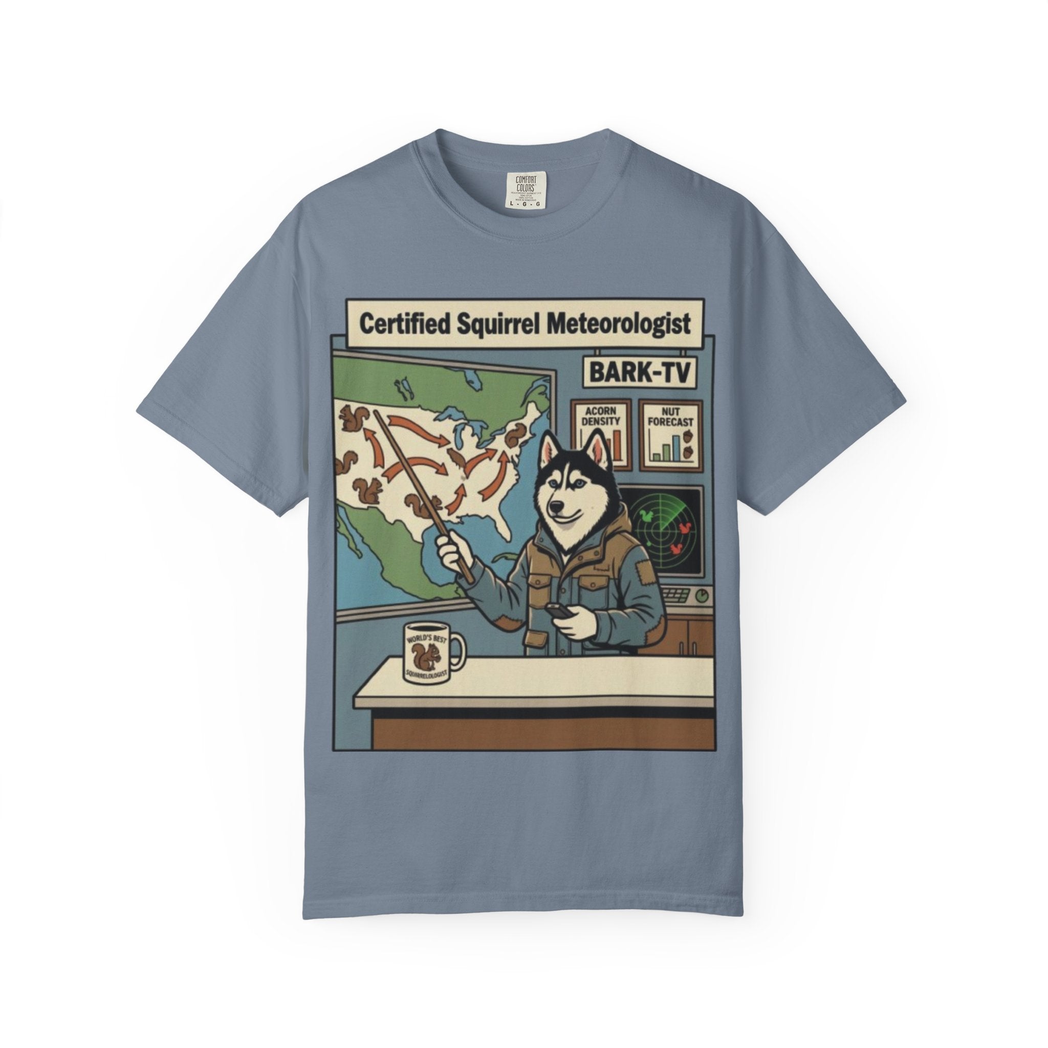 Certified Squirrel Meteorologist Husky TV T-shirt | Weather Desk Dog Illustration