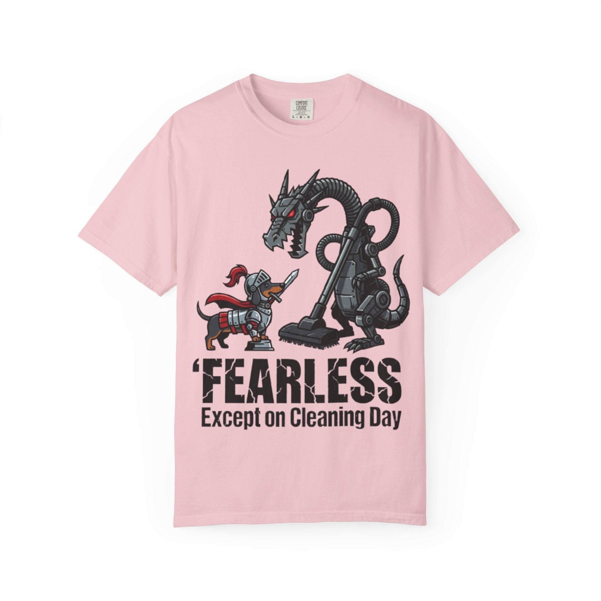Fearless Except on Cleaning Day T-shirt | Knight vs Dragon Vacuum Humor