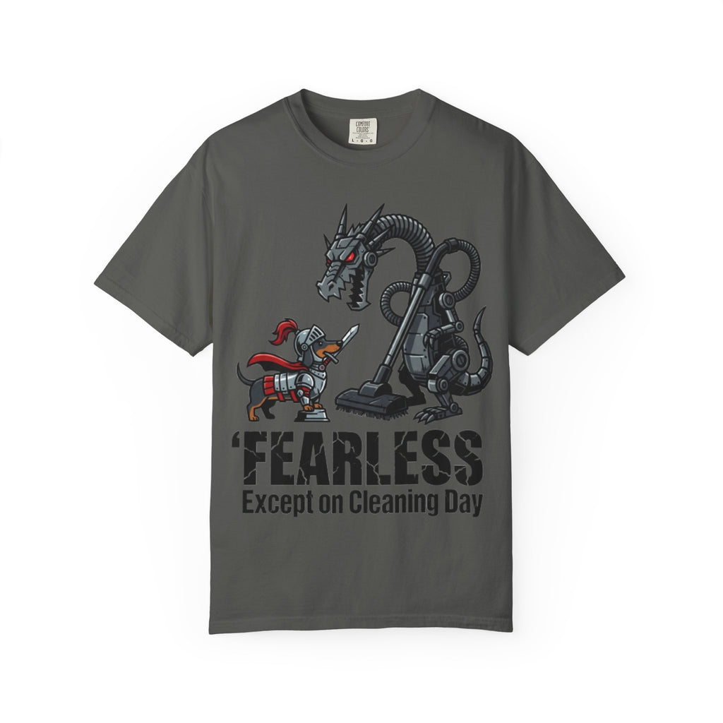 Fearless Except on Cleaning Day T-shirt | Knight vs Dragon Vacuum Humor