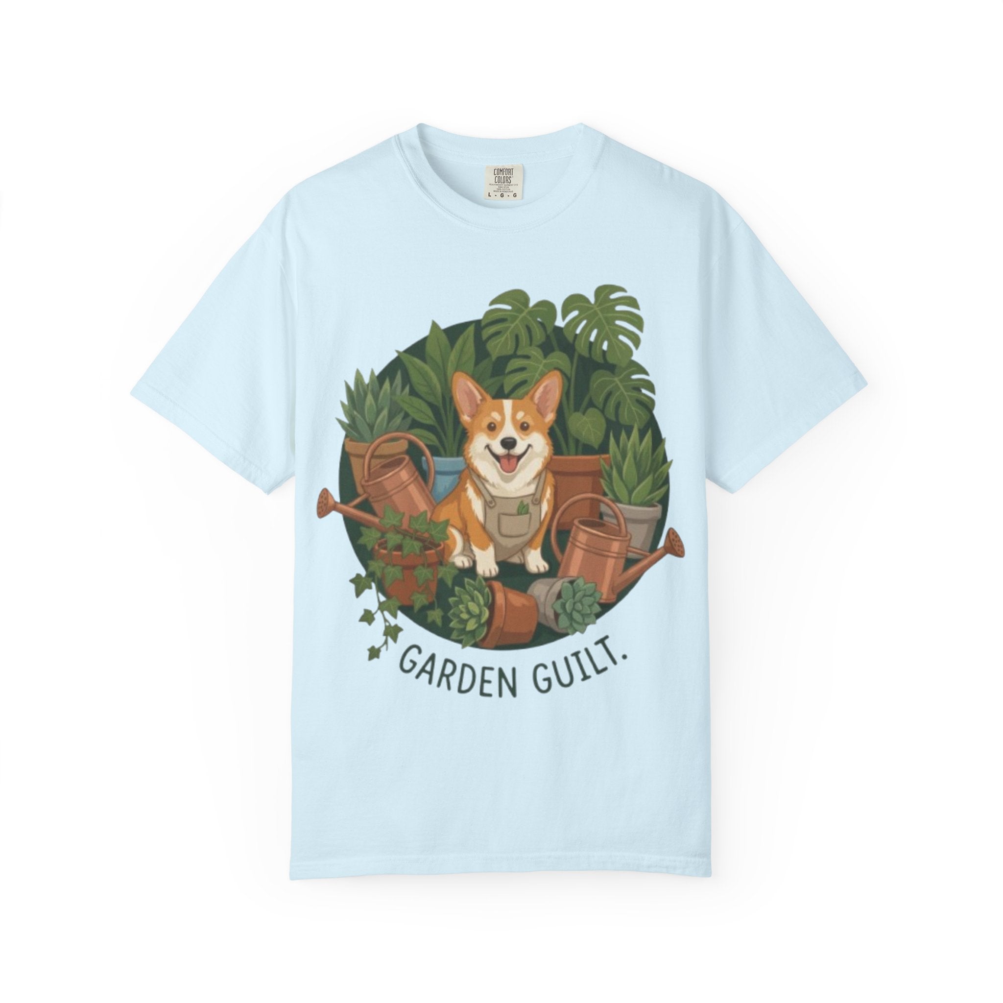 Corgi in Garden 'Garden Guilt' T-Shirt | Gardening Dog Illustration