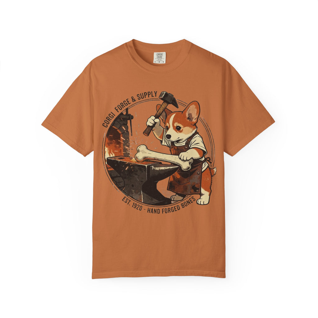 Corgi Blacksmith Illustration T-Shirt | Cute Dog Forge Graphic Tee