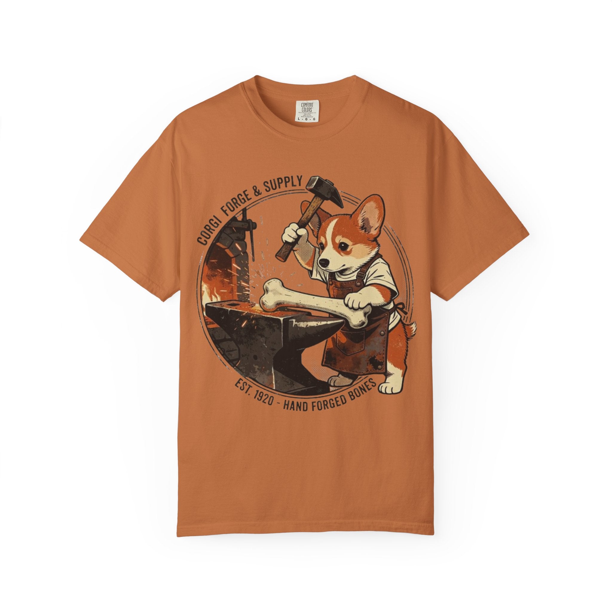 Corgi Blacksmith Illustration T-Shirt | Cute Dog Forge Graphic Tee