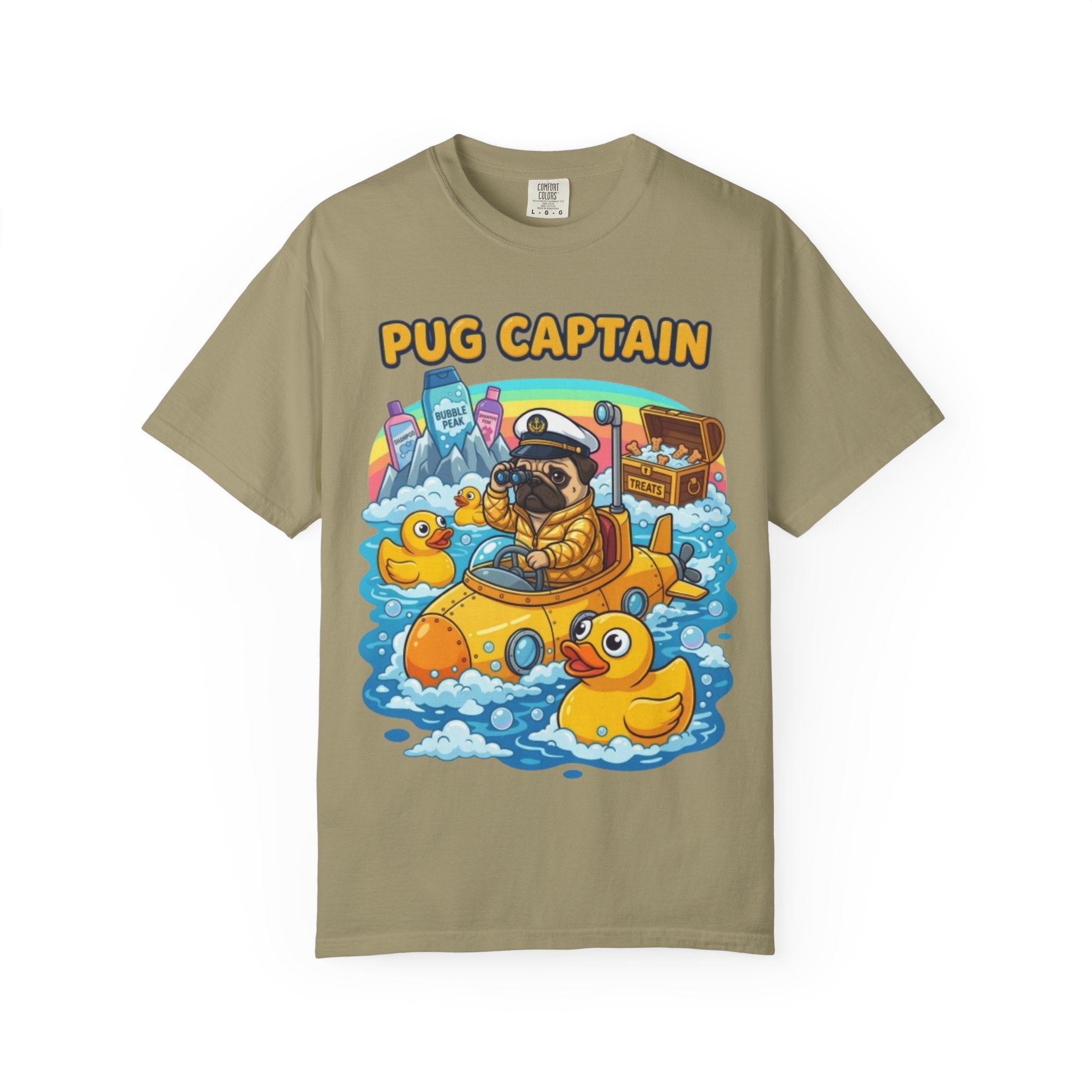 Pug Captain cartoon design T-Shirt | pug sailor, rubber ducky boat, nautical pet tee