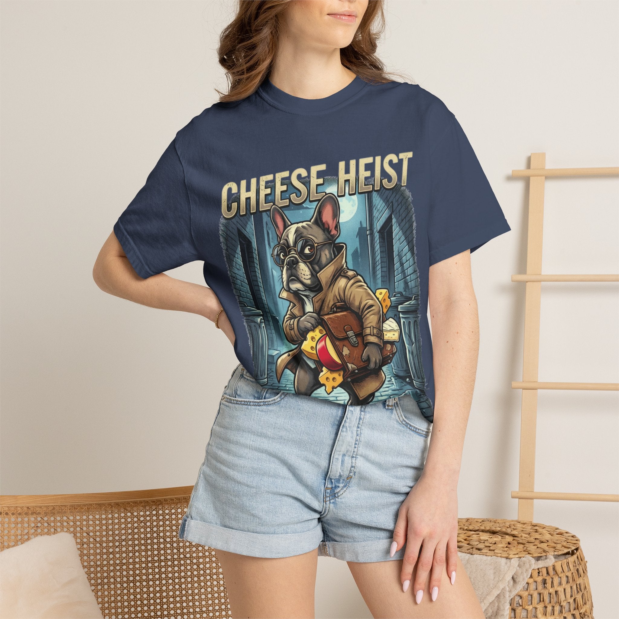Cheese Heist French Bulldog Thief T-shirt | Cartoon Crime Scene Tee