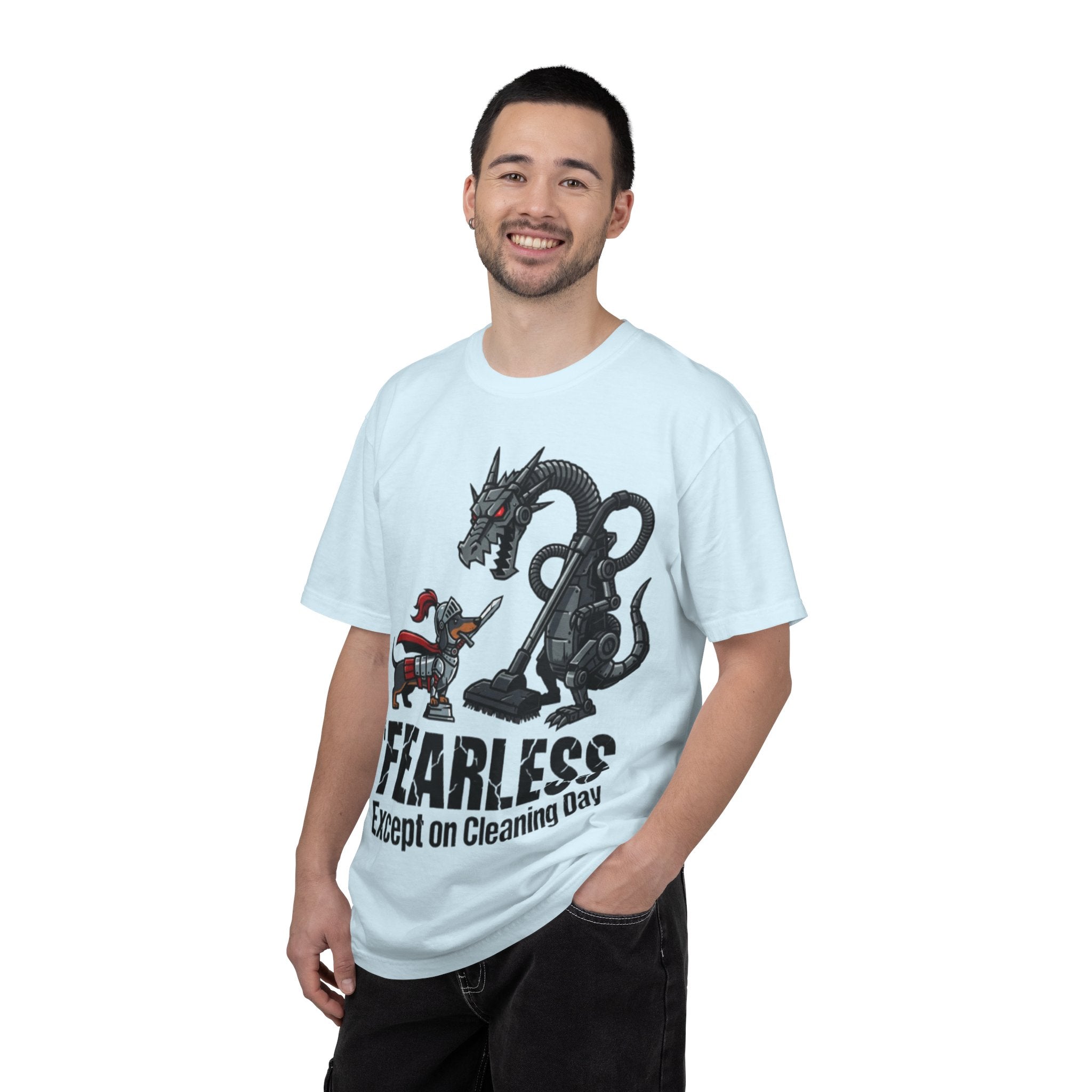 Fearless Except on Cleaning Day T-shirt | Knight vs Dragon Vacuum Humor
