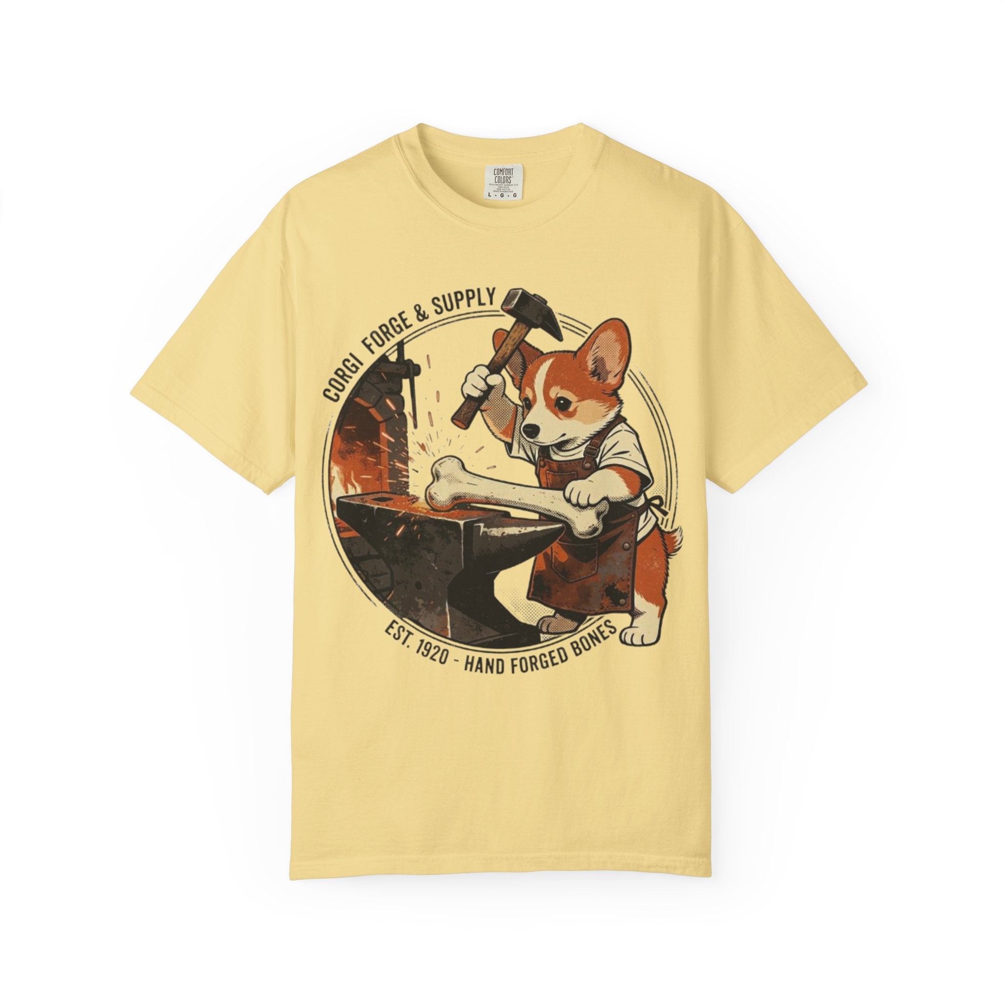 Corgi Blacksmith Illustration T-Shirt | Cute Dog Forge Graphic Tee