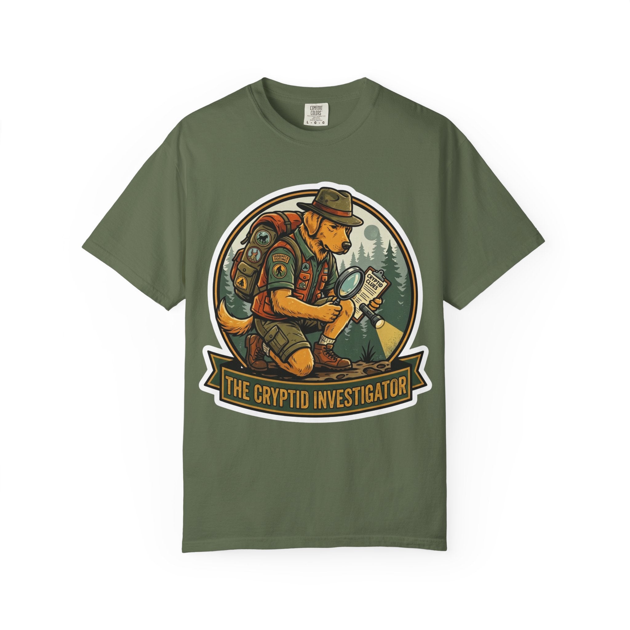Cryptid Investigator Dog T-shirt | Golden Retriever Detective Graphic Tee