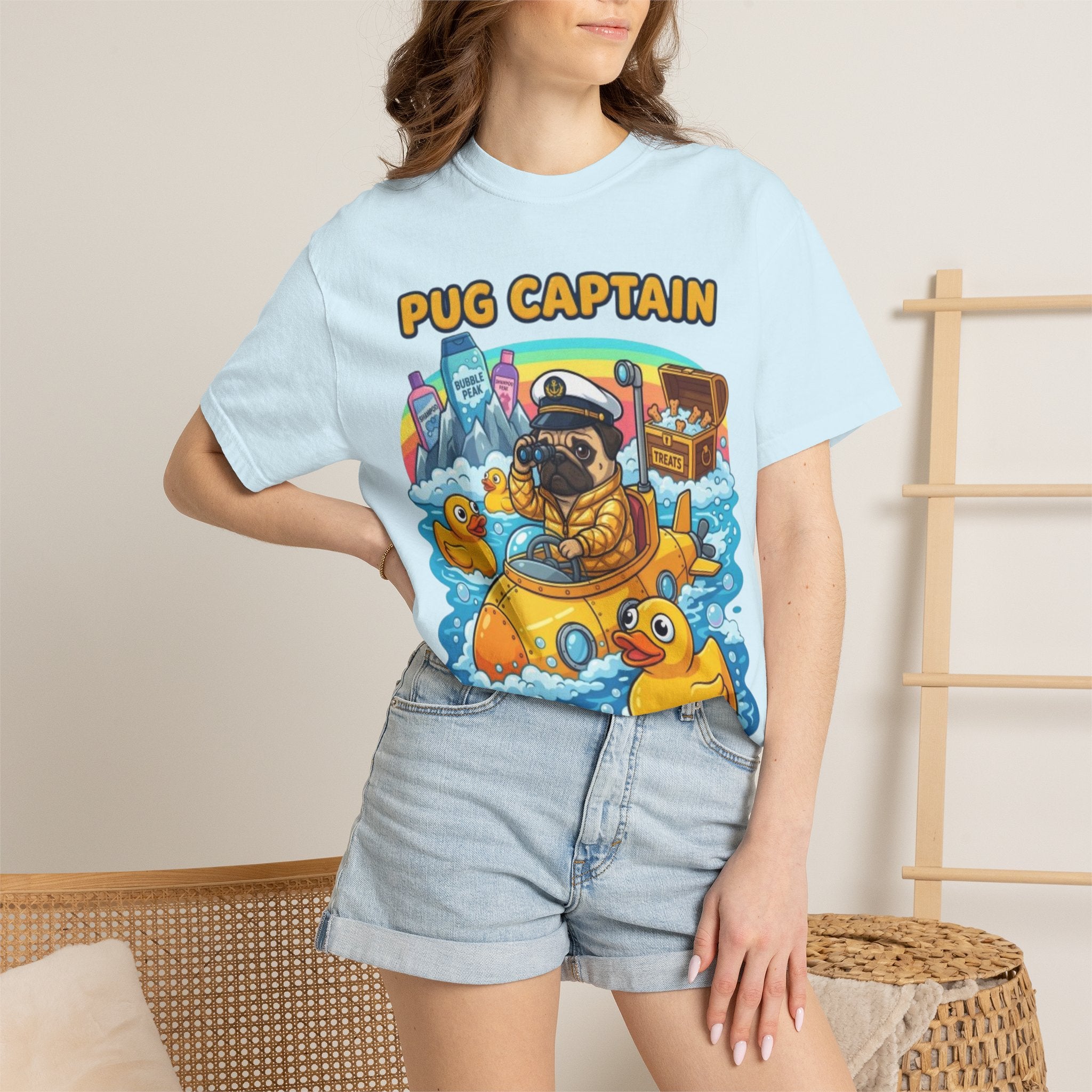 Pug Captain cartoon design T-Shirt | pug sailor, rubber ducky boat, nautical pet tee