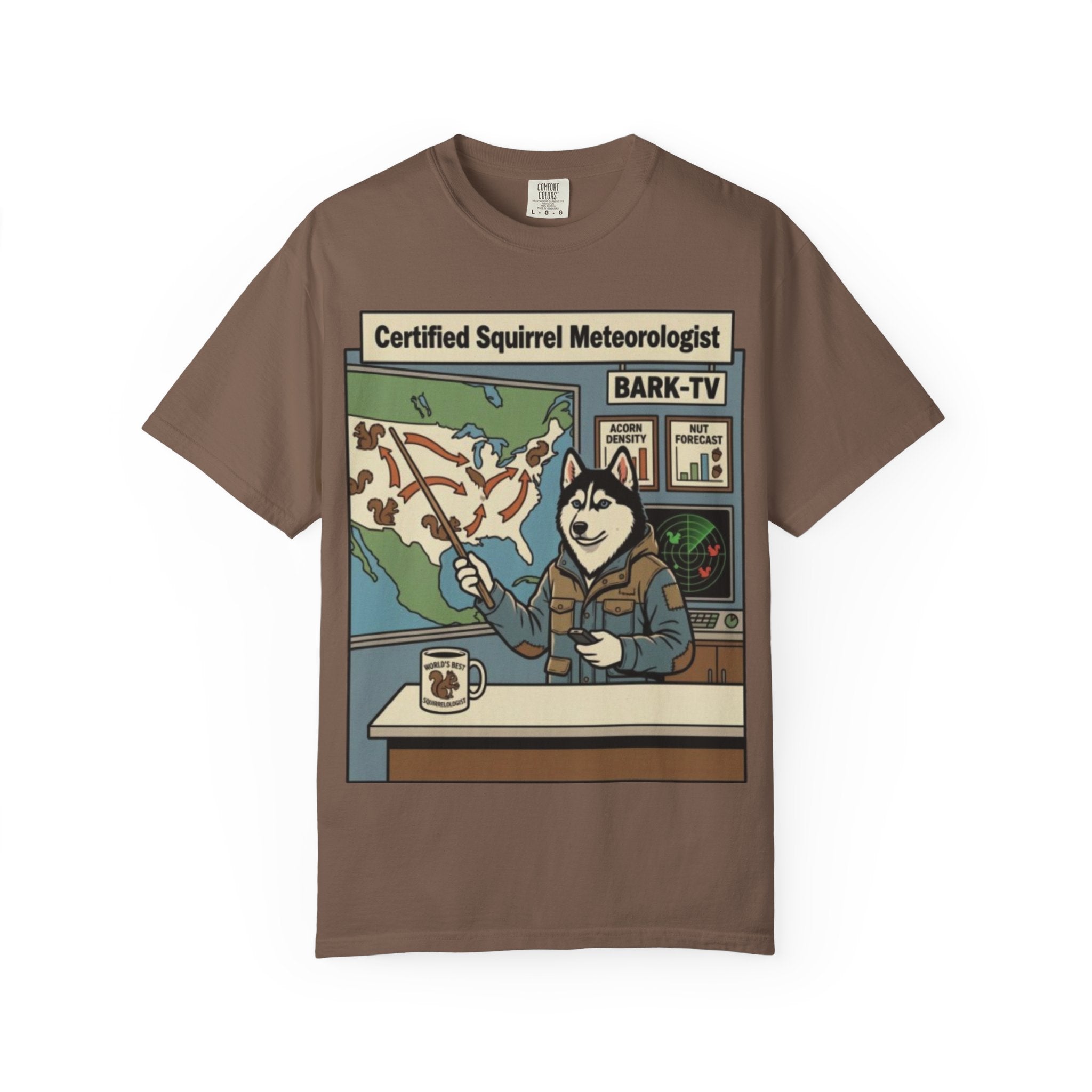 Certified Squirrel Meteorologist Husky TV T-shirt | Weather Desk Dog Illustration