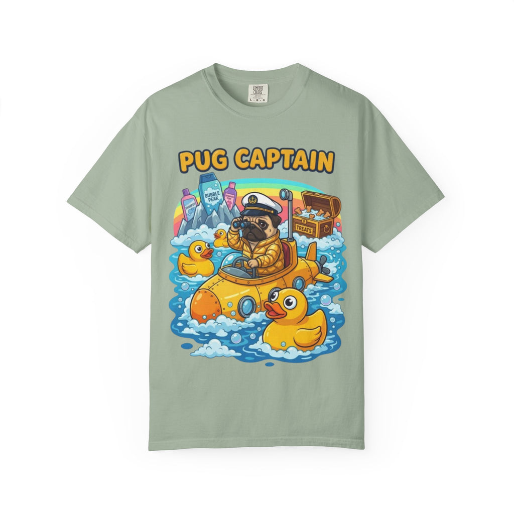 Pug Captain cartoon design T-Shirt | pug sailor, rubber ducky boat, nautical pet tee