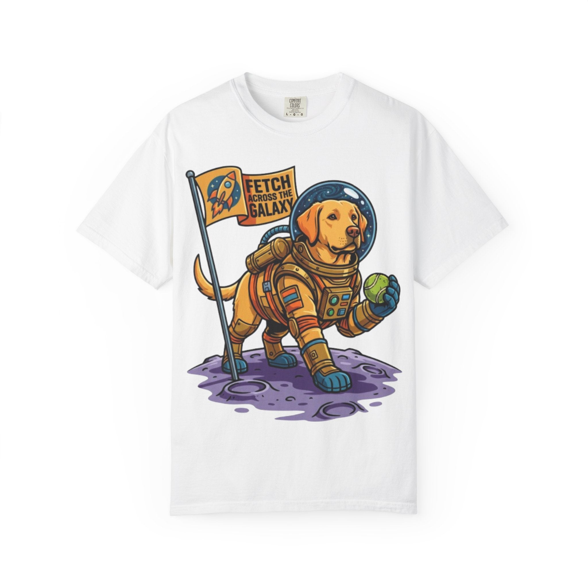 Astronaut Labrador Playing Fetch T-shirt | Space Dog Illustration