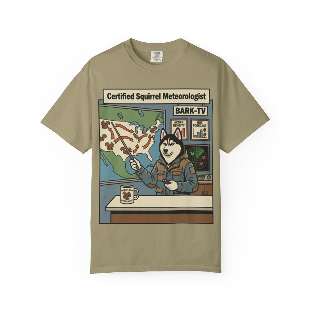 Certified Squirrel Meteorologist Husky TV T-shirt | Weather Desk Dog Illustration