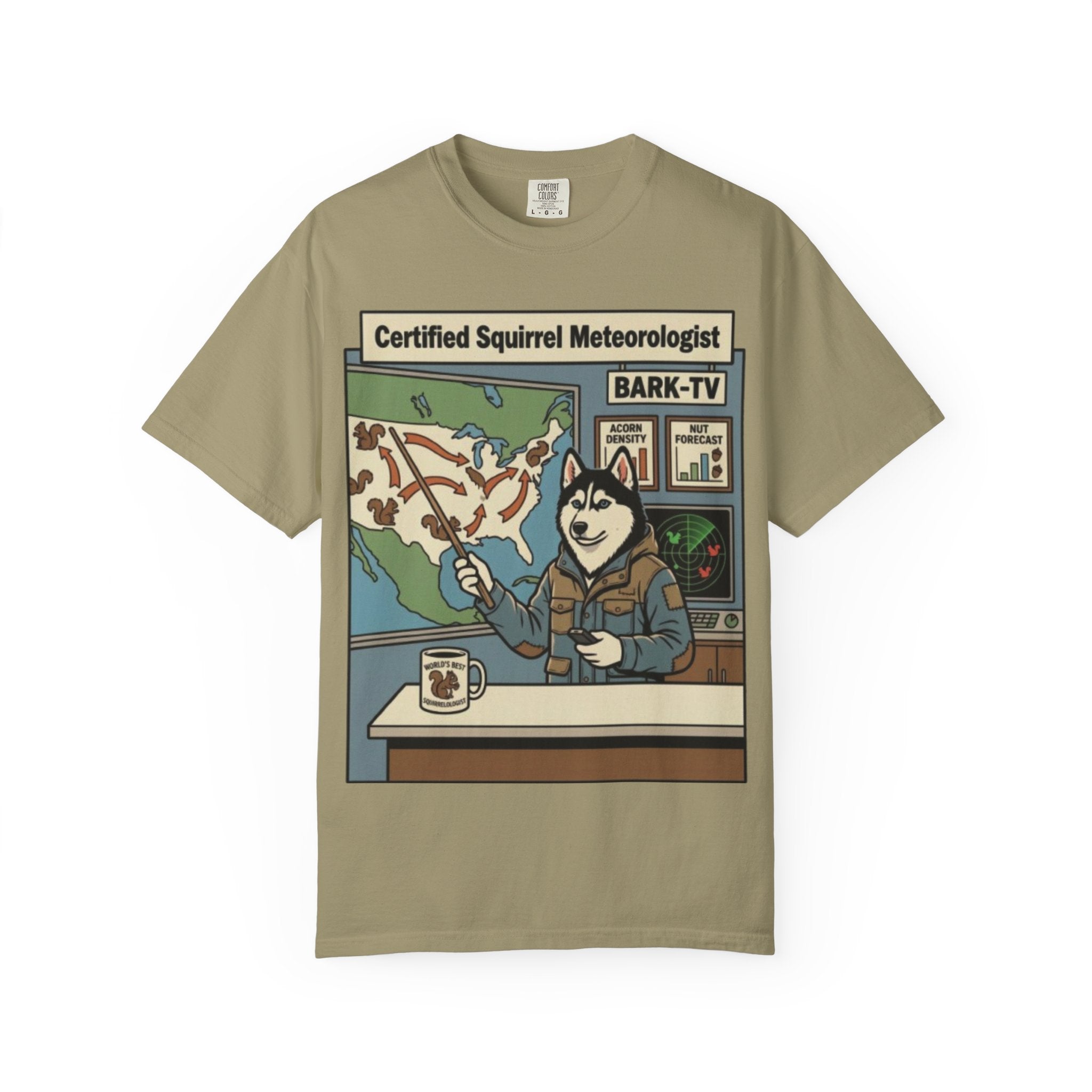 Certified Squirrel Meteorologist Husky TV T-shirt | Weather Desk Dog Illustration