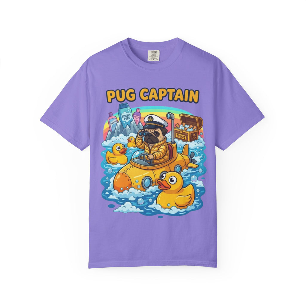 Pug Captain cartoon design T-Shirt | pug sailor, rubber ducky boat, nautical pet tee