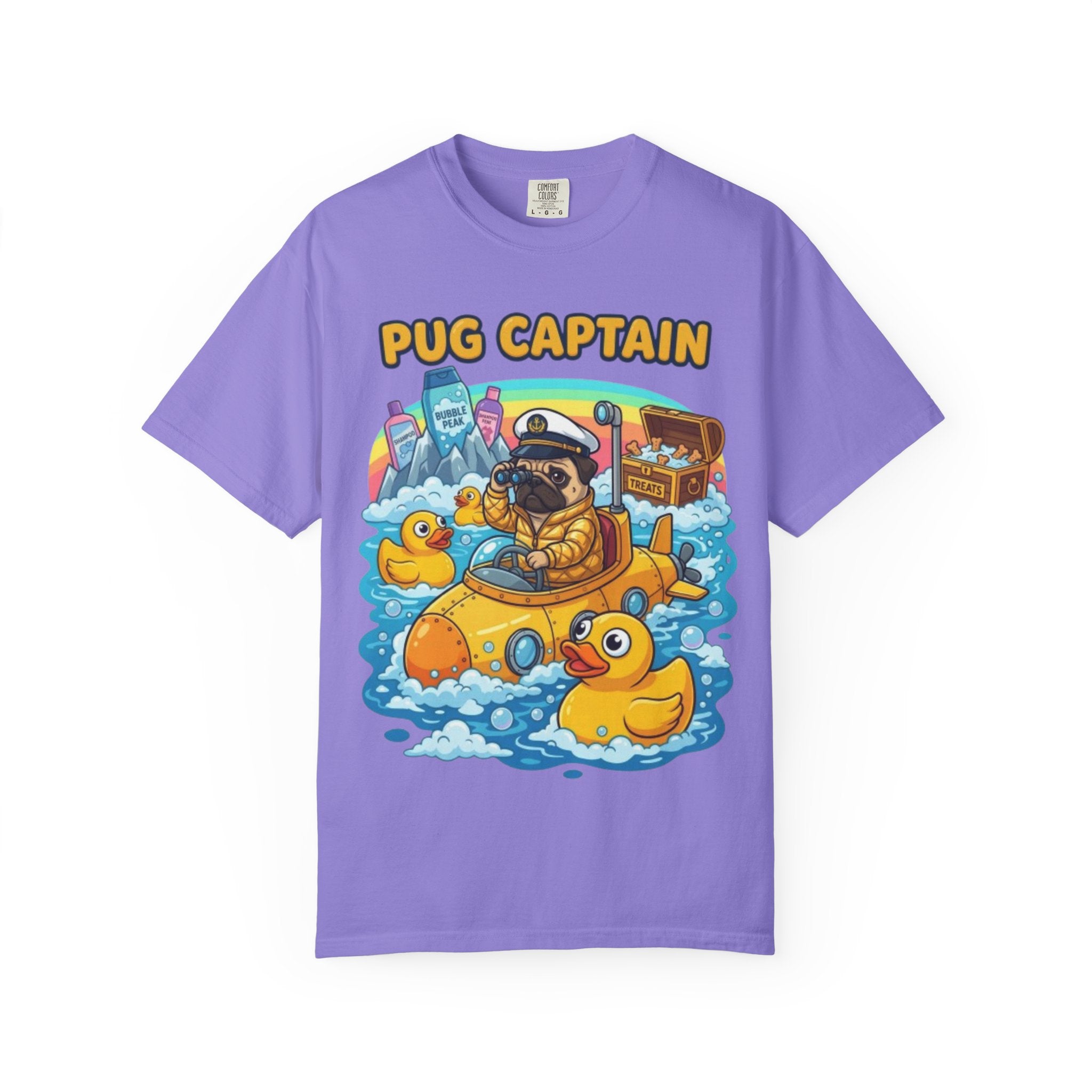 Pug Captain cartoon design T-Shirt | pug sailor, rubber ducky boat, nautical pet tee