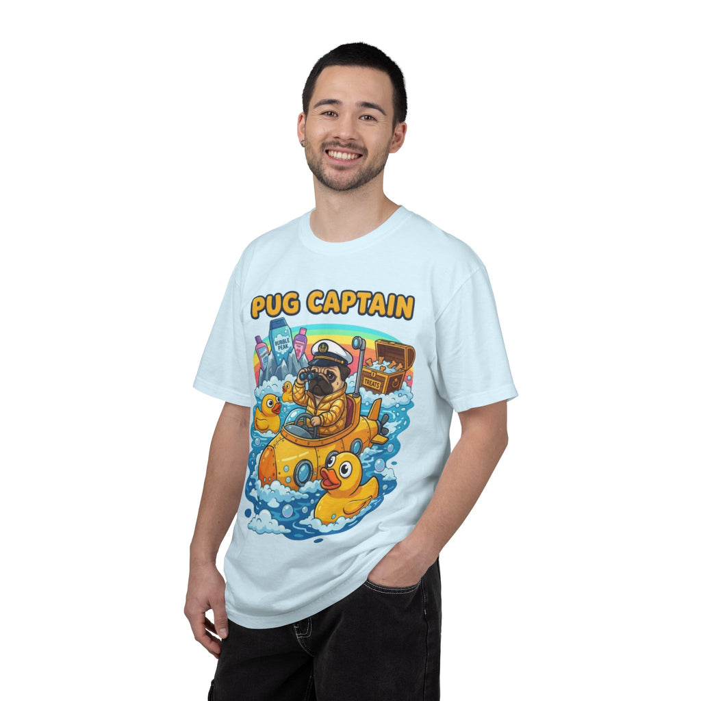 Pug Captain cartoon design T-Shirt | pug sailor, rubber ducky boat, nautical pet tee