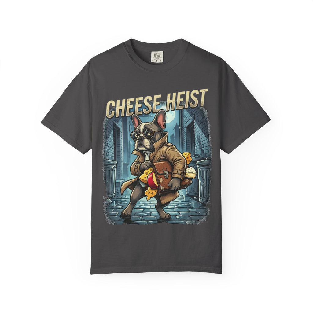 Cheese Heist French Bulldog Thief T-shirt | Cartoon Crime Scene Tee