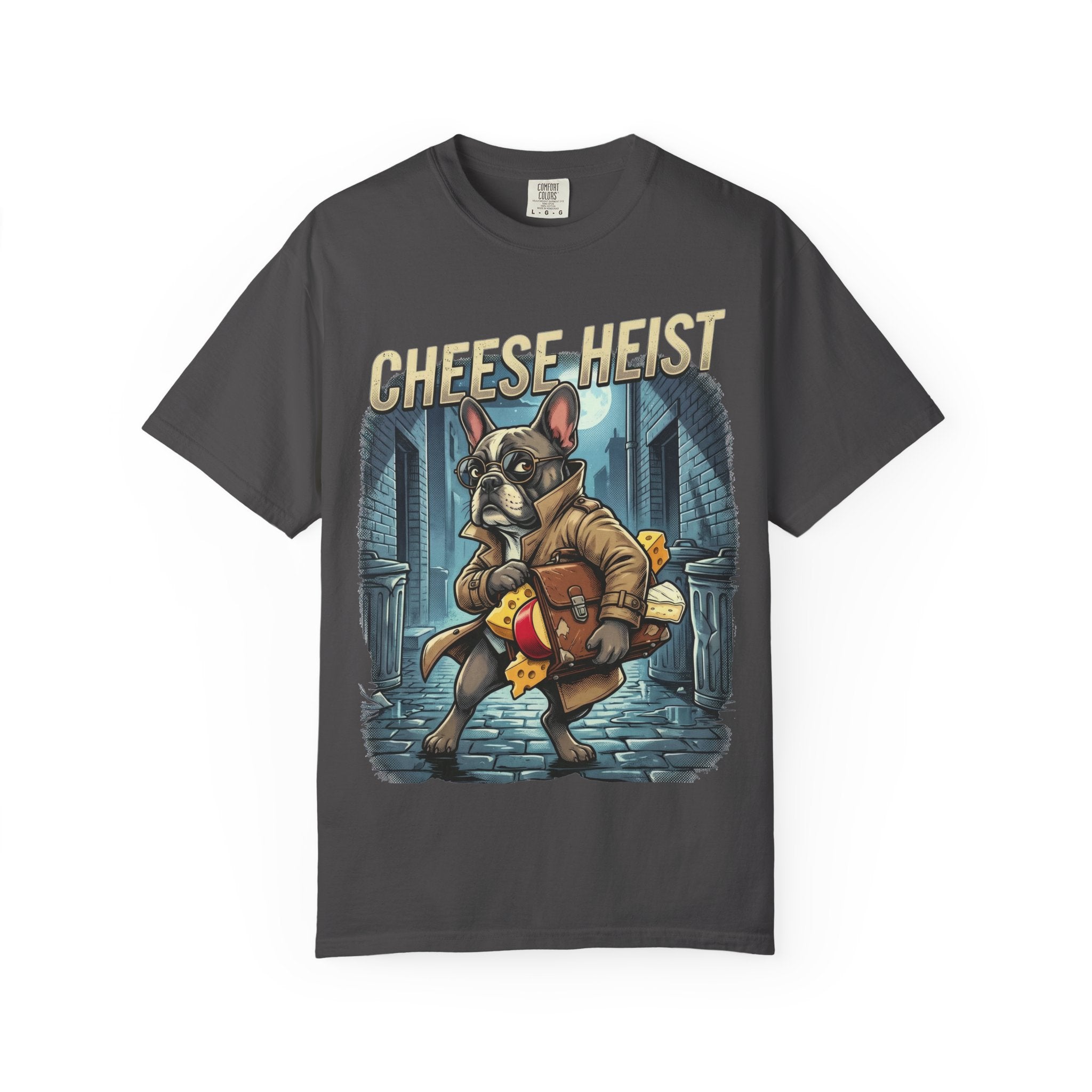 Cheese Heist French Bulldog Thief T-shirt | Cartoon Crime Scene Tee