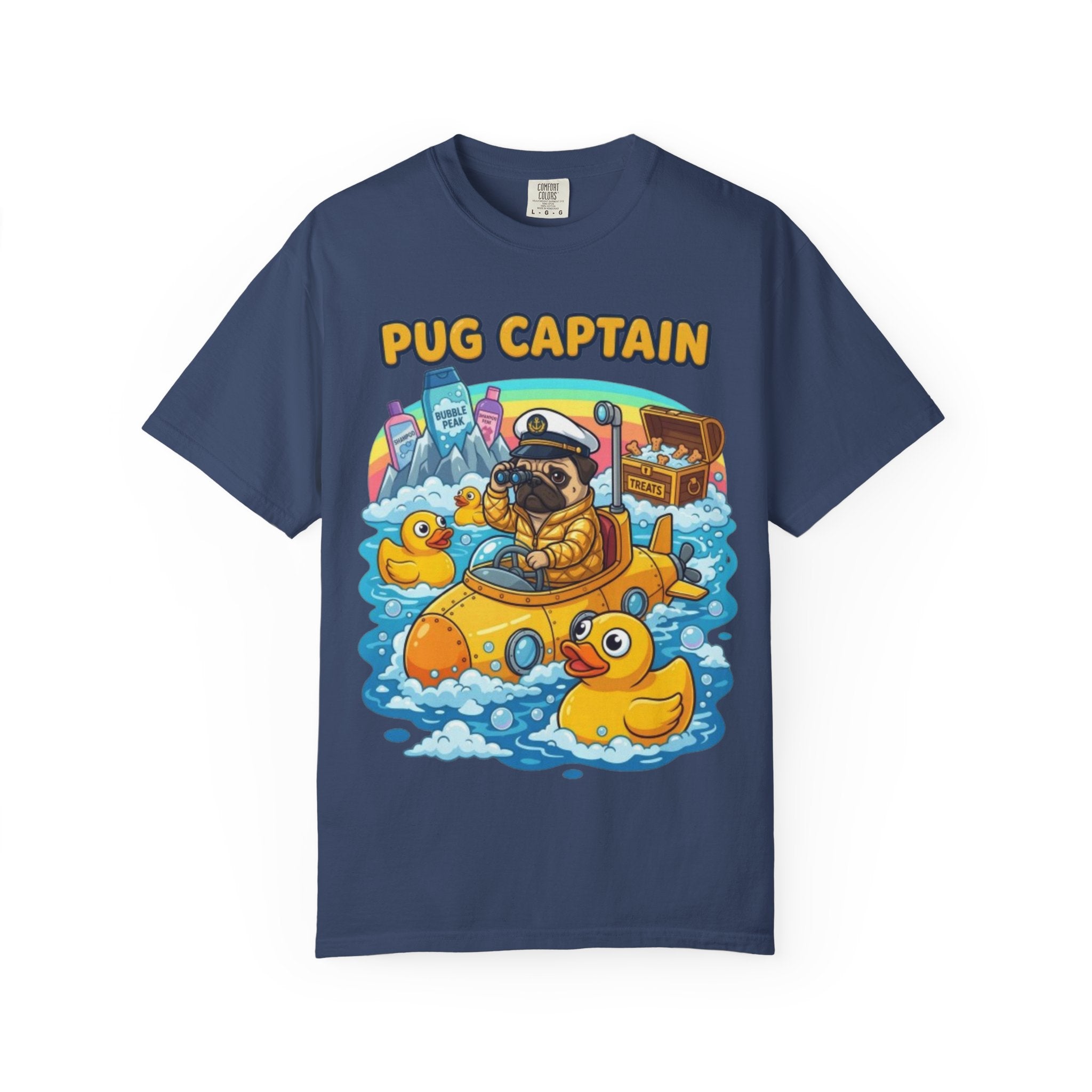 Pug Captain cartoon design T-Shirt | pug sailor, rubber ducky boat, nautical pet tee