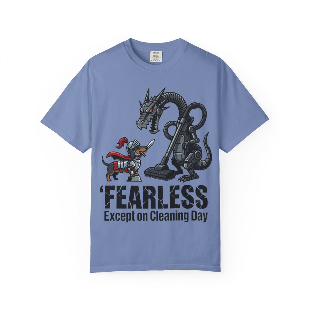Fearless Except on Cleaning Day T-shirt | Knight vs Dragon Vacuum Humor