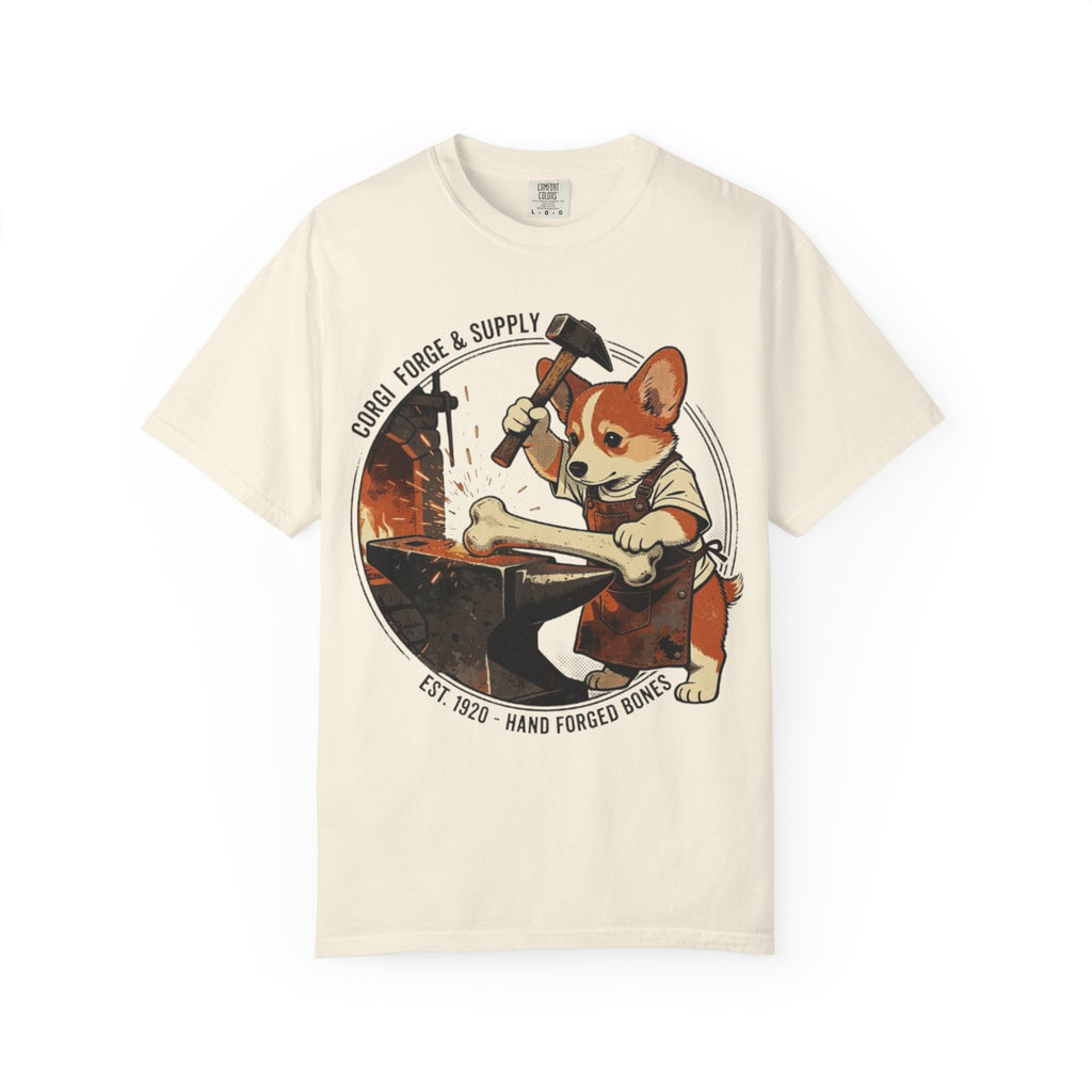 Corgi Blacksmith Illustration T-Shirt | Cute Dog Forge Graphic Tee