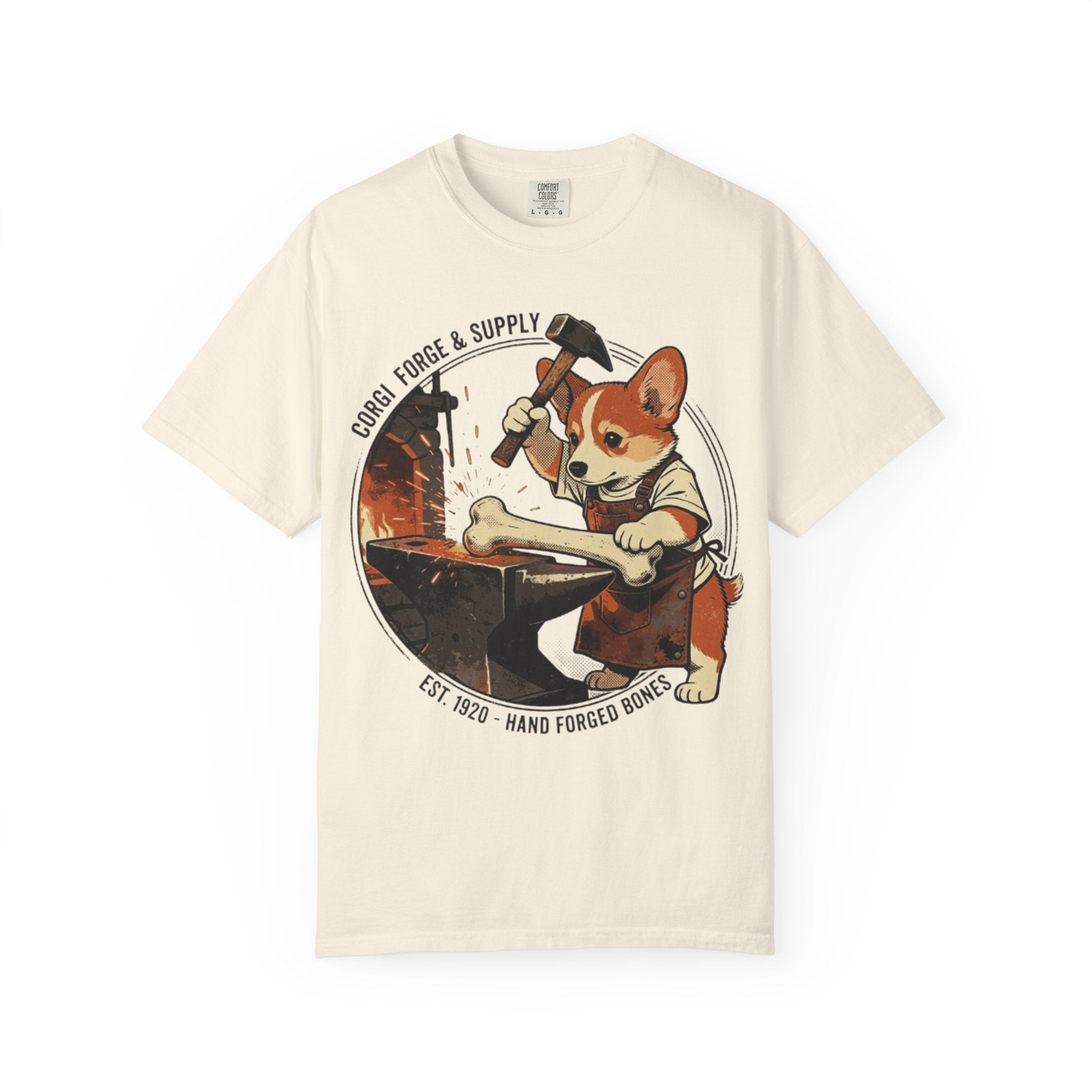 Corgi Blacksmith Illustration T-Shirt | Cute Dog Forge Graphic Tee