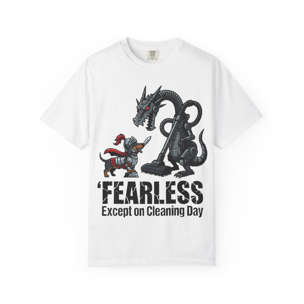 Fearless Except on Cleaning Day T-shirt | Knight vs Dragon Vacuum Humor