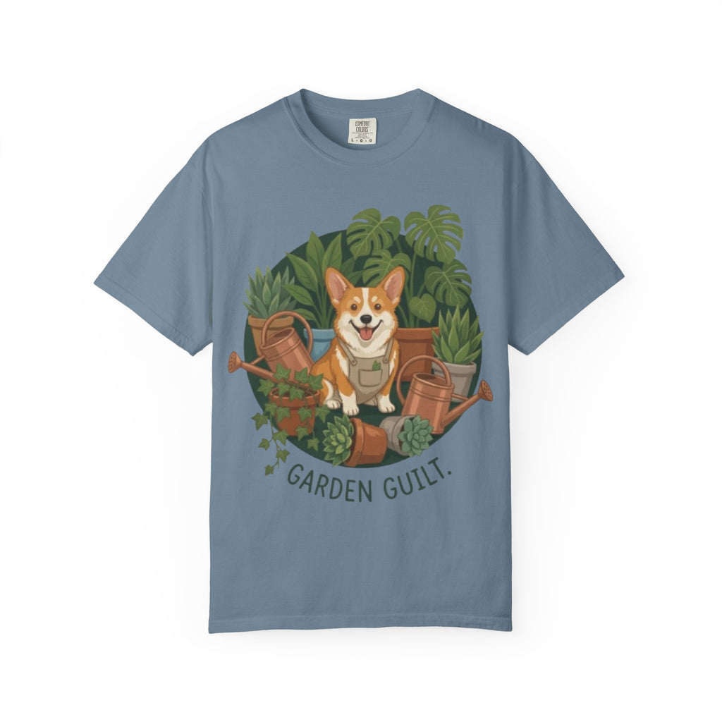 Corgi in Garden 'Garden Guilt' T-Shirt | Gardening Dog Illustration