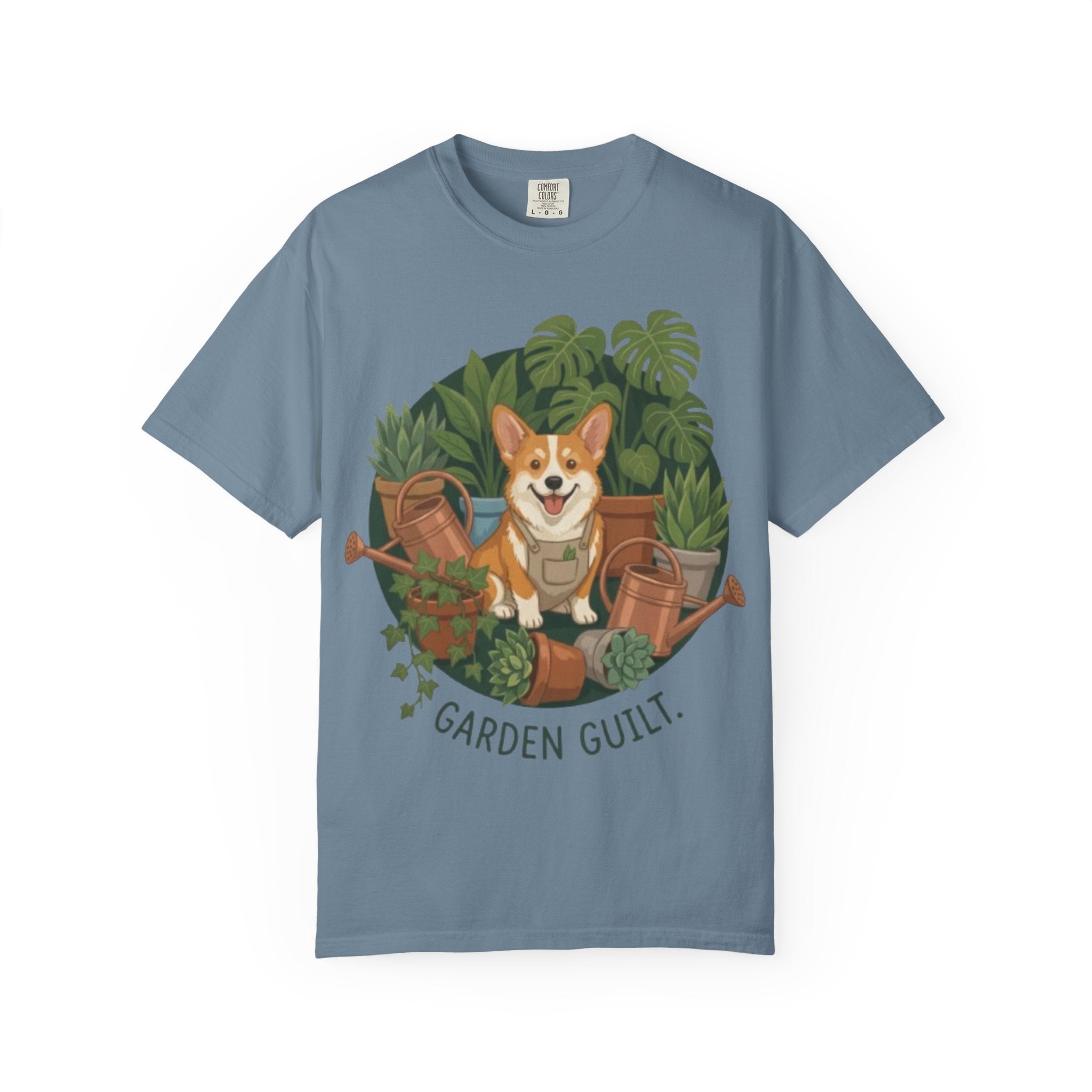 Corgi in Garden 'Garden Guilt' T-Shirt | Gardening Dog Illustration