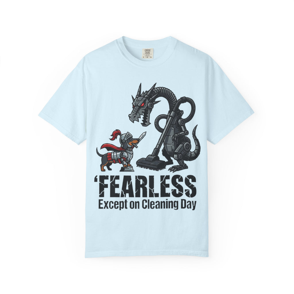 Fearless Except on Cleaning Day T-shirt | Knight vs Dragon Vacuum Humor