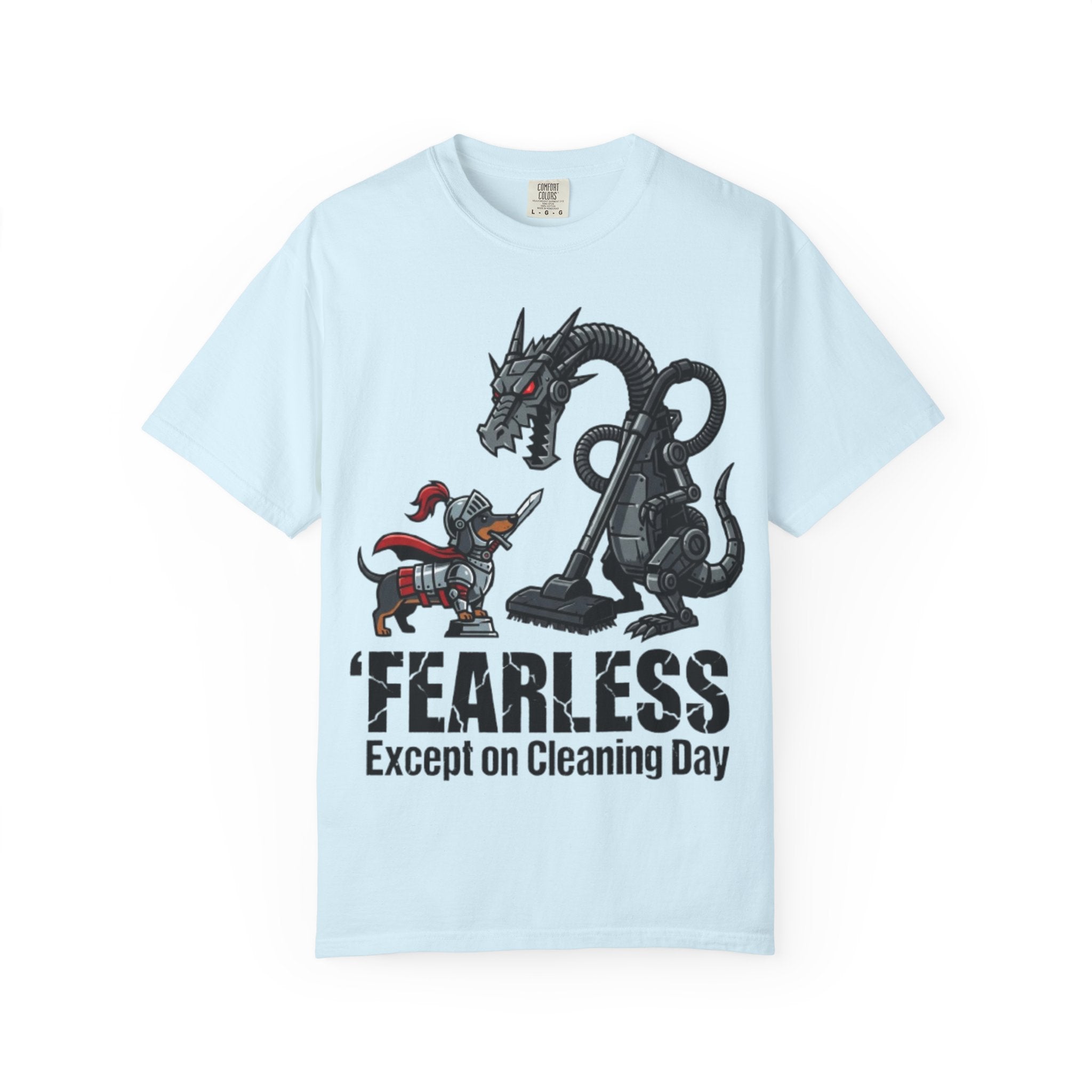 Fearless Except on Cleaning Day T-shirt | Knight vs Dragon Vacuum Humor