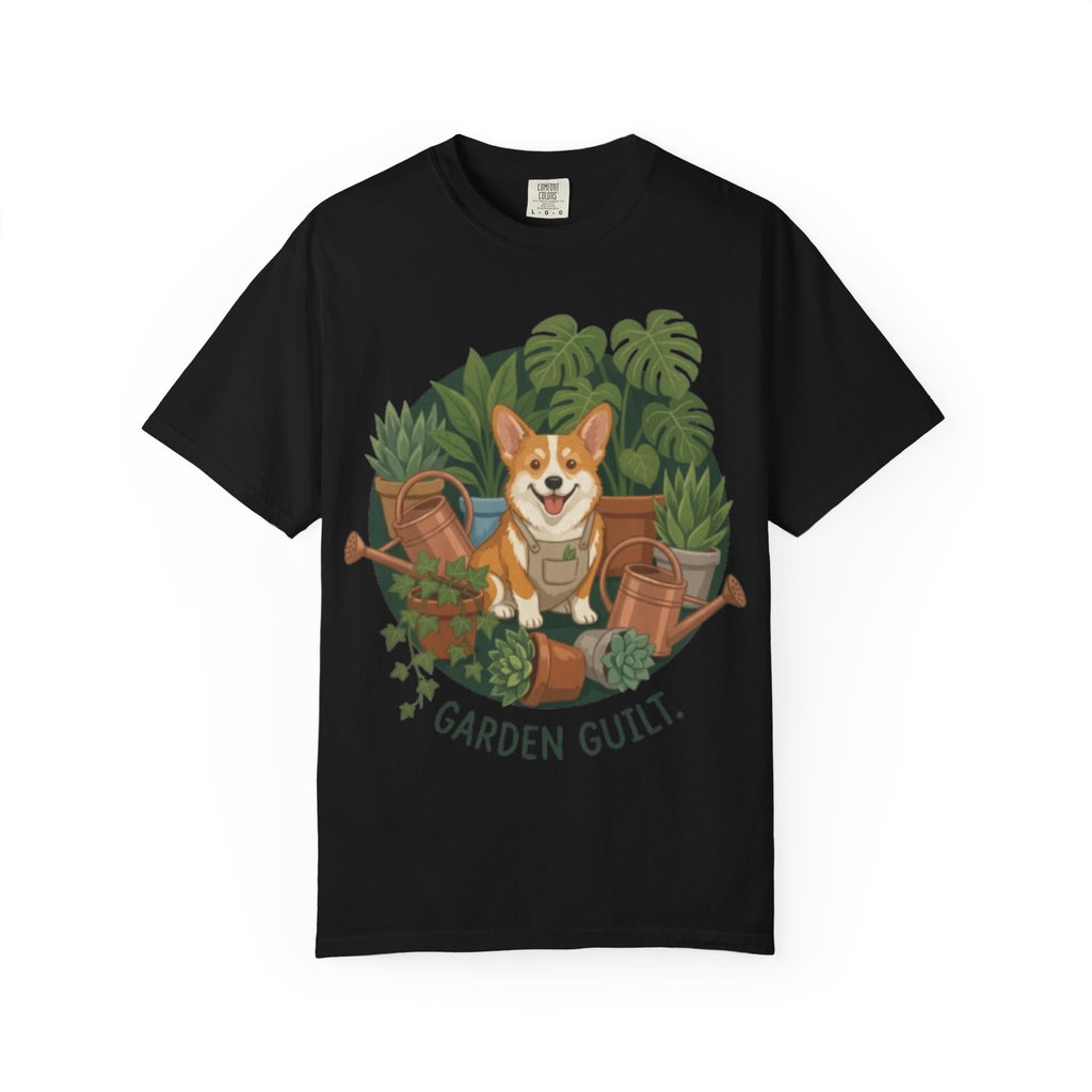 Corgi in Garden 'Garden Guilt' T-Shirt | Gardening Dog Illustration