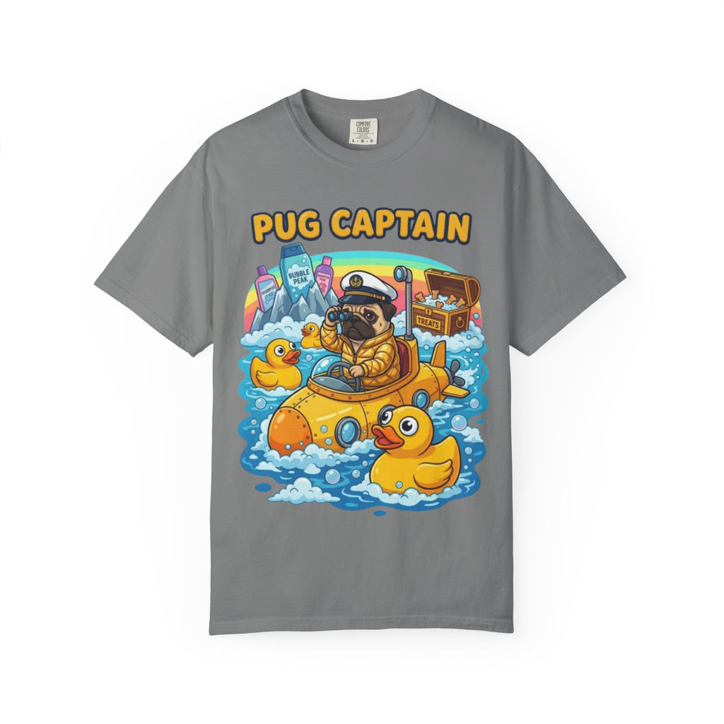 Pug Captain cartoon design T-Shirt | pug sailor, rubber ducky boat, nautical pet tee