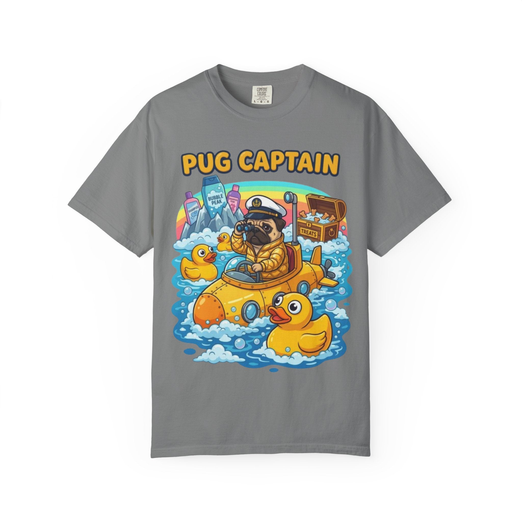 Pug Captain cartoon design T-Shirt | pug sailor, rubber ducky boat, nautical pet tee