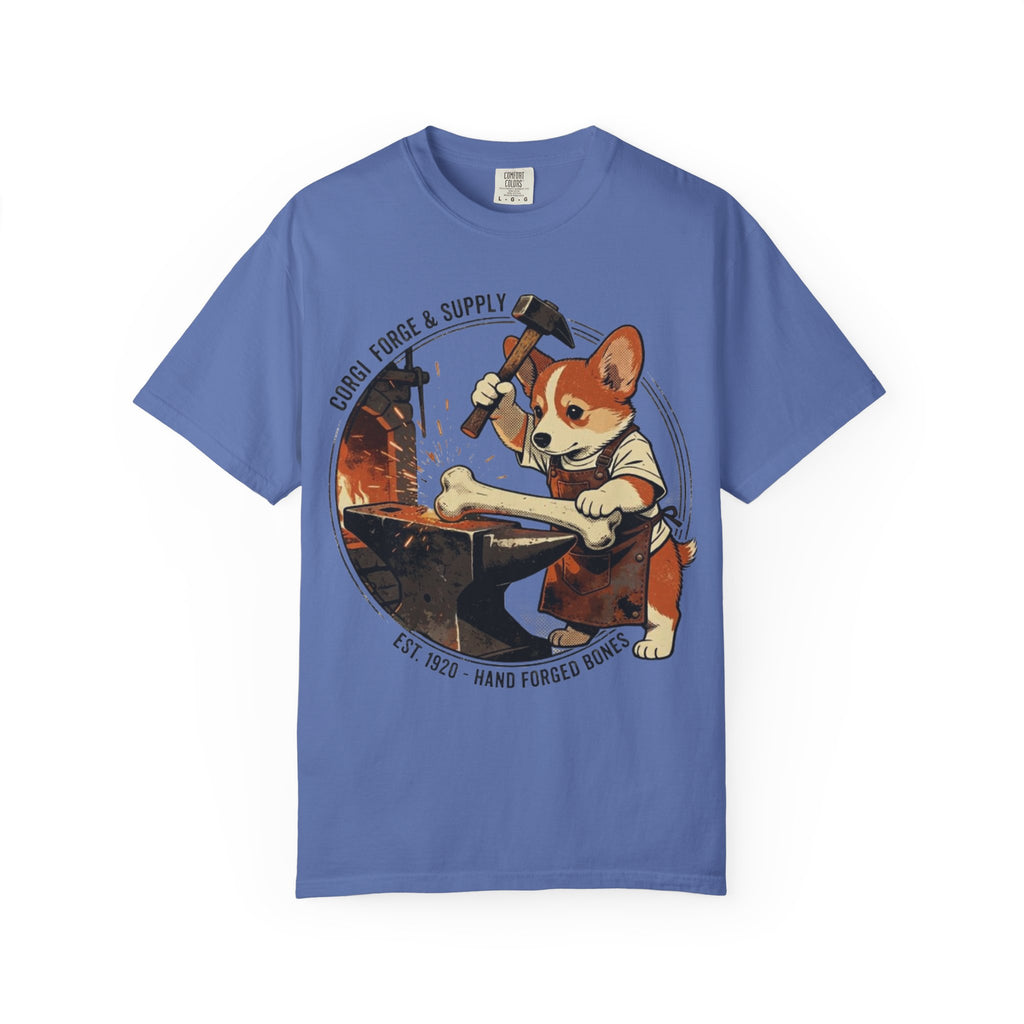 Corgi Blacksmith Illustration T-Shirt | Cute Dog Forge Graphic Tee