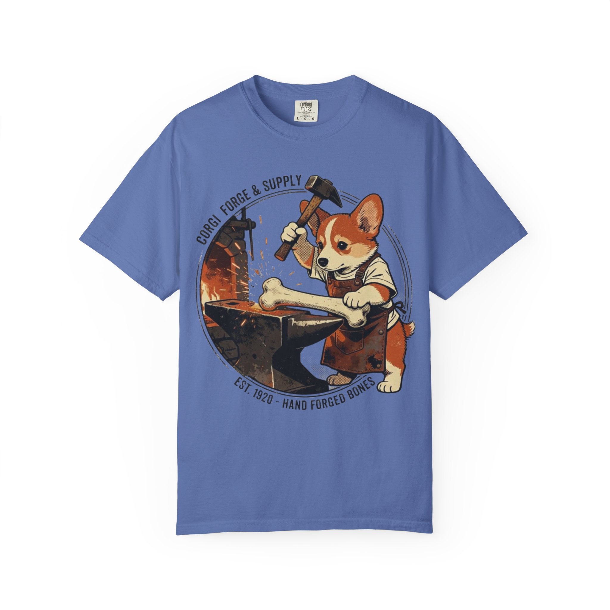 Corgi Blacksmith Illustration T-Shirt | Cute Dog Forge Graphic Tee