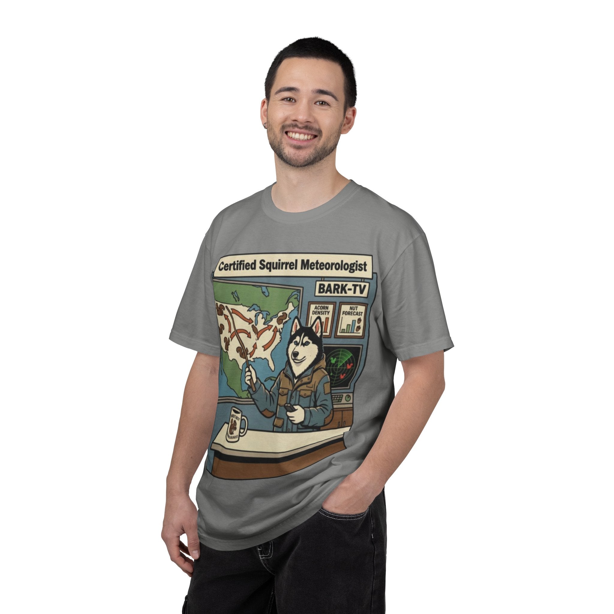 Certified Squirrel Meteorologist Husky TV T-shirt | Weather Desk Dog Illustration