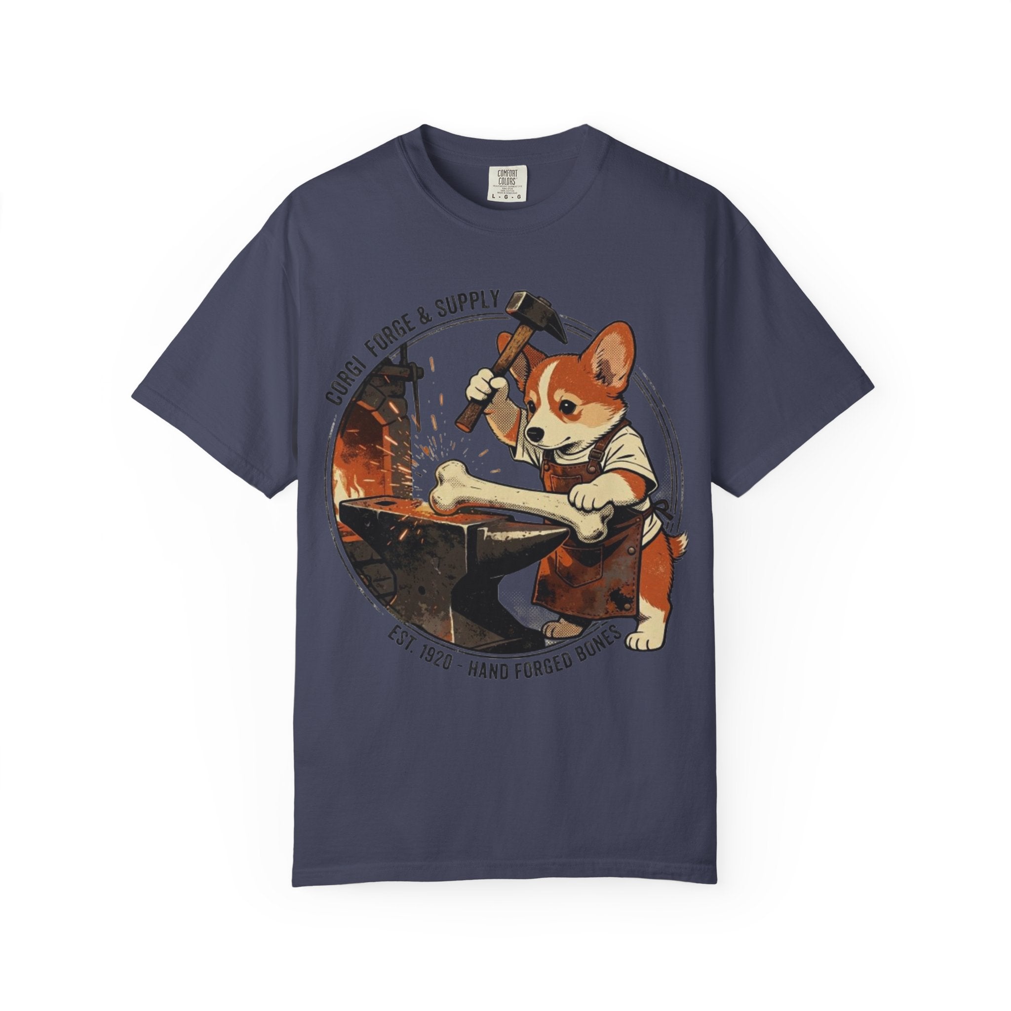 Corgi Blacksmith Illustration T-Shirt | Cute Dog Forge Graphic Tee