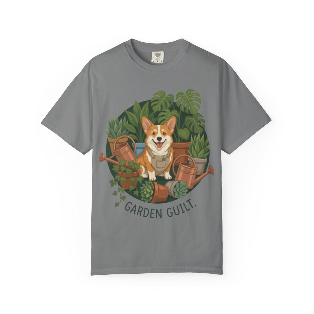 Corgi in Garden 'Garden Guilt' T-Shirt | Gardening Dog Illustration