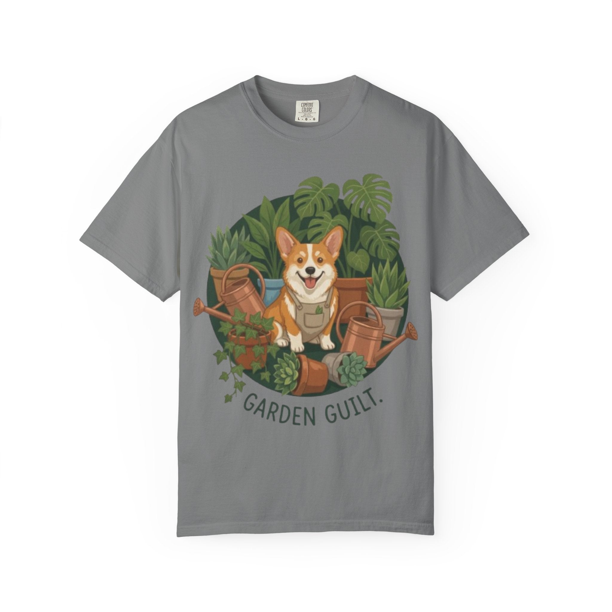 Corgi in Garden 'Garden Guilt' T-Shirt | Gardening Dog Illustration