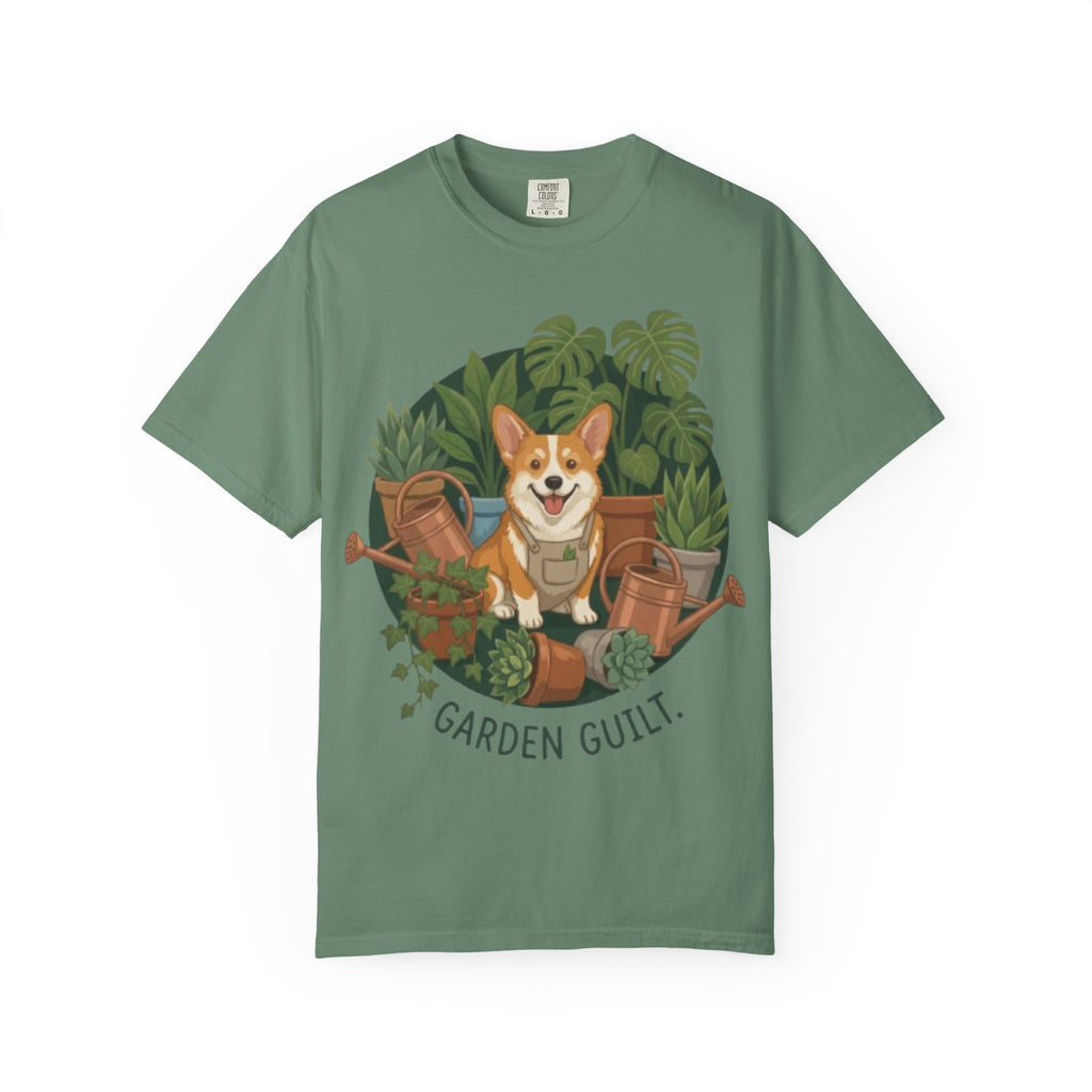 Corgi in Garden 'Garden Guilt' T-Shirt | Gardening Dog Illustration