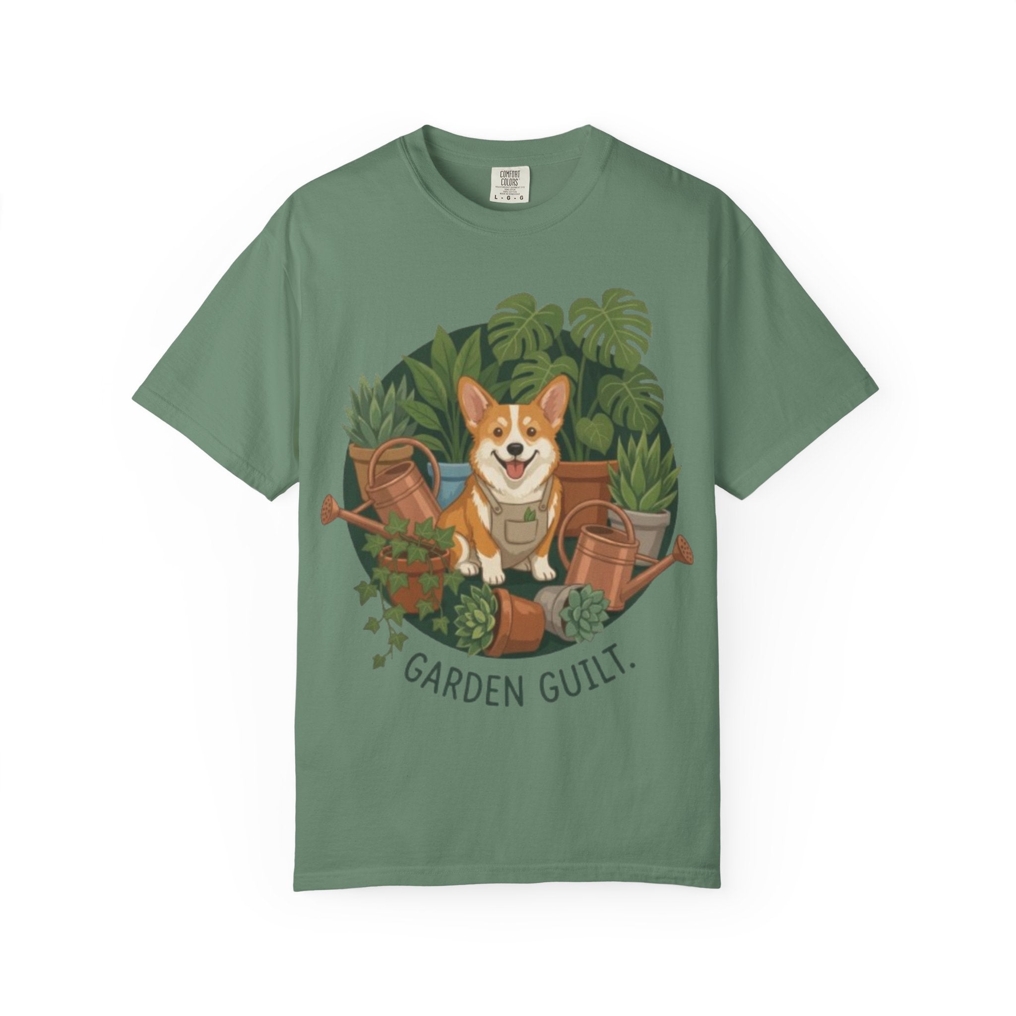 Corgi in Garden 'Garden Guilt' T-Shirt | Gardening Dog Illustration