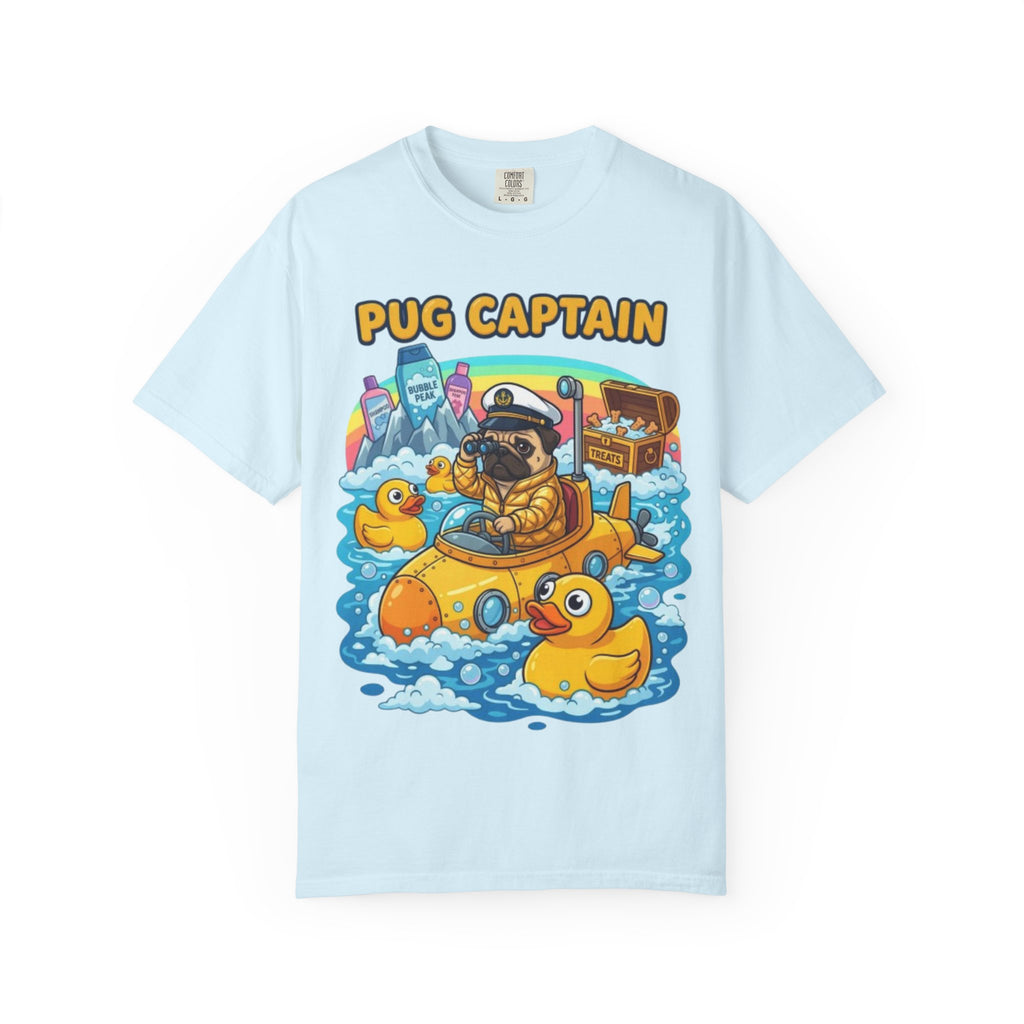 Pug Captain cartoon design T-Shirt | pug sailor, rubber ducky boat, nautical pet tee