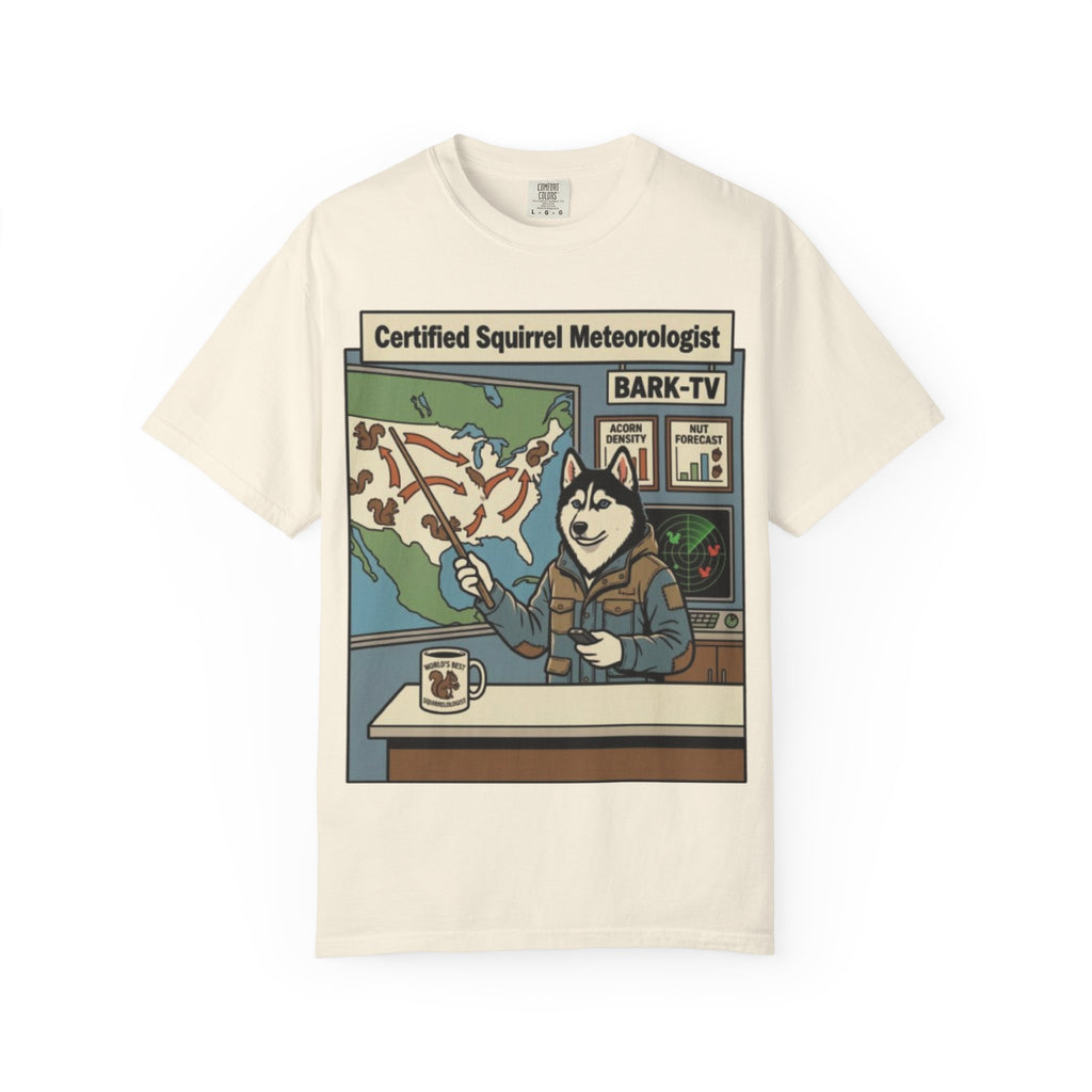 Certified Squirrel Meteorologist Husky TV T-shirt | Weather Desk Dog Illustration