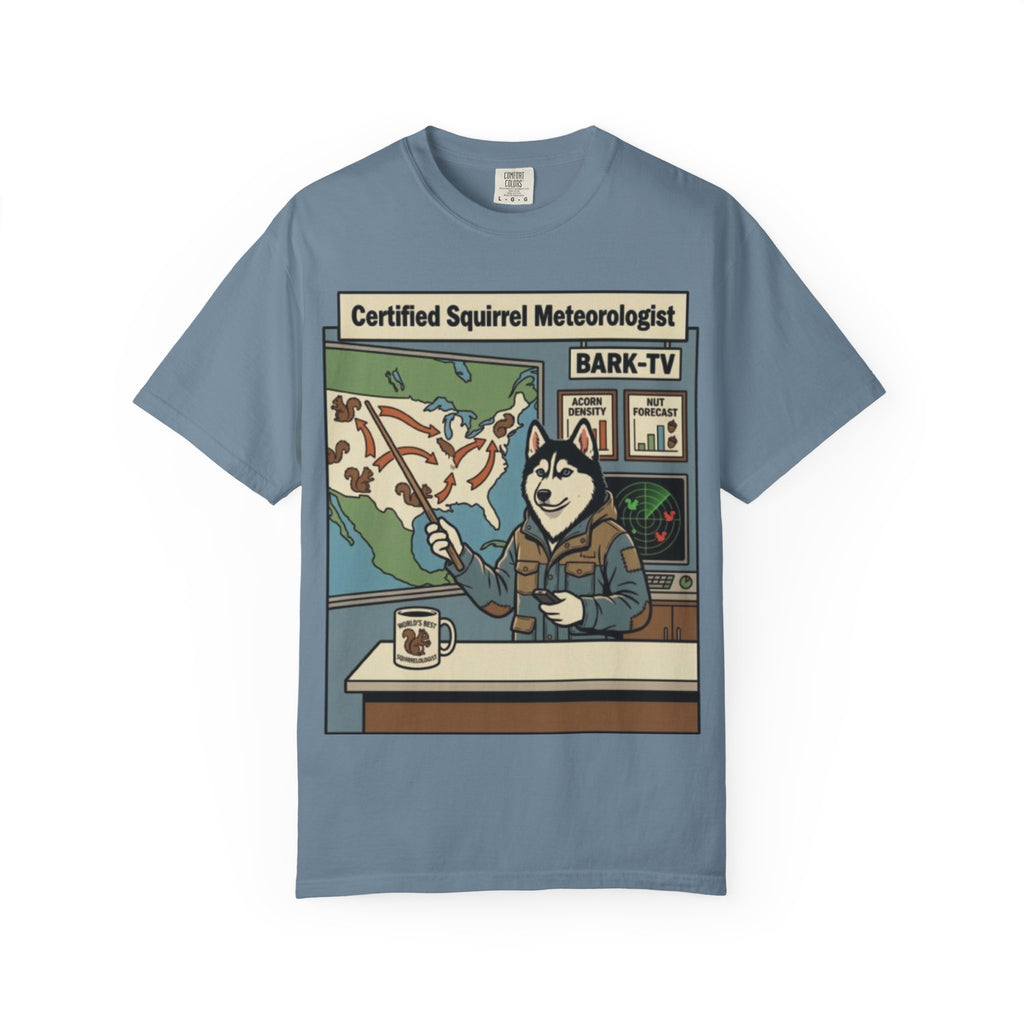 Certified Squirrel Meteorologist Husky TV T-shirt | Weather Desk Dog Illustration