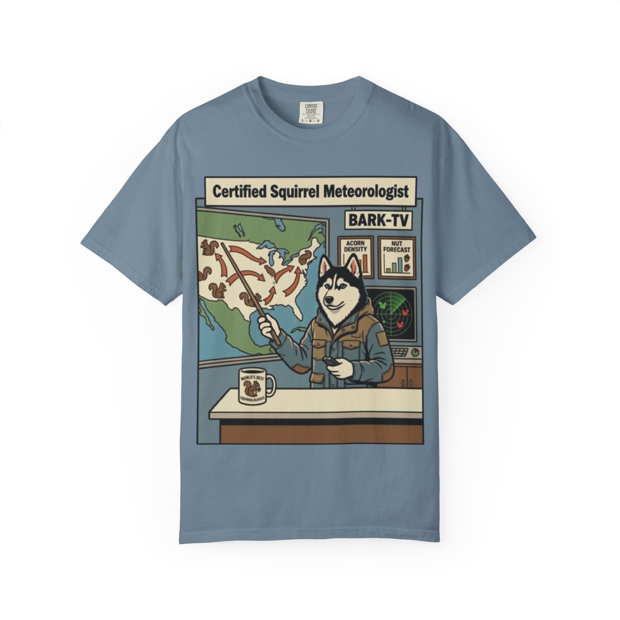 Certified Squirrel Meteorologist Husky TV T-shirt | Weather Desk Dog Illustration